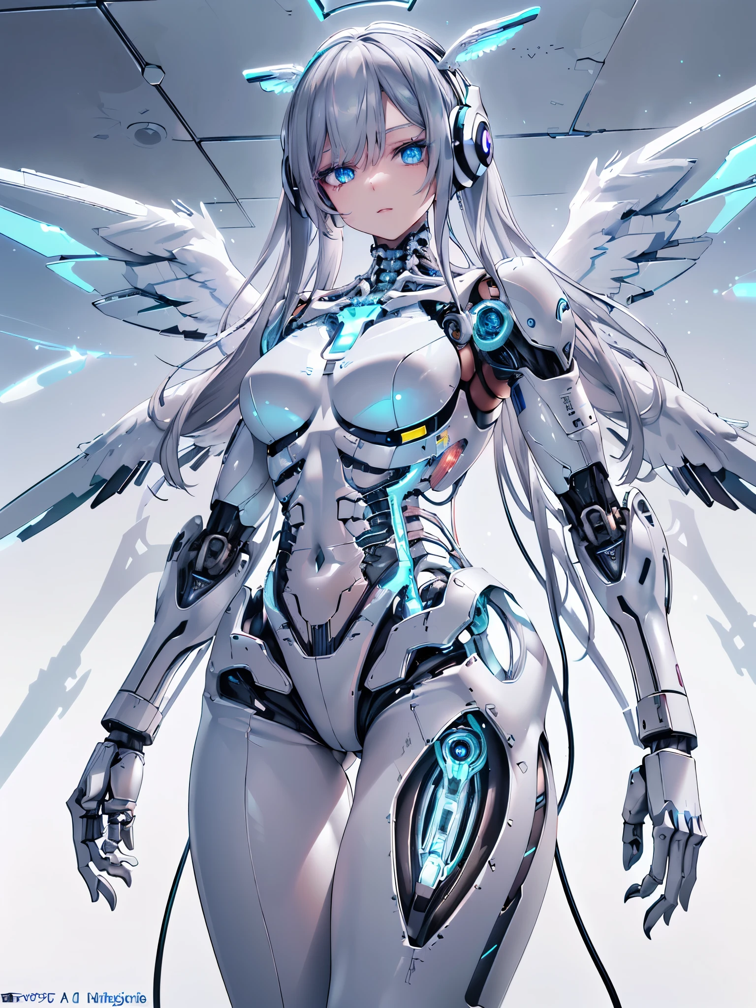 (8k, best quality, masterpiece:1.2),\(Eye details\),\(Facial features\),(\(Clothes detail details\)\),(1 girl:1.2),Mecha girl,solo,full body,Sophisticated 3D rendering of a beautiful Japanese girl Android , part, Beautiful studio soft lighting, rim light, Vibrant details, Luxury Cyberpunk, The body is made of organically flowing white and silver clear glass and plastic, Silver metal interior, dynamic poses, mobile organic ingredients, Meticulous carving, Lace design, Glowing golden circuit, H&#39;s Art,(Mechanical skeleton(Metal pelvis,Mechanical spine:1.2),high-tech robot,(Wired headphones of the future:1.2),(Blue glowing circuits on cheeks:1.3),(/grey hair:1.2/),(/shiny blue eyes/),Mecha,Cybernetic,[Beast],smooth skin,(This is an android:1.5),(flat chest:1.2),big ass,very long legs,(white angel's wings,it look like goose wing:1.3)