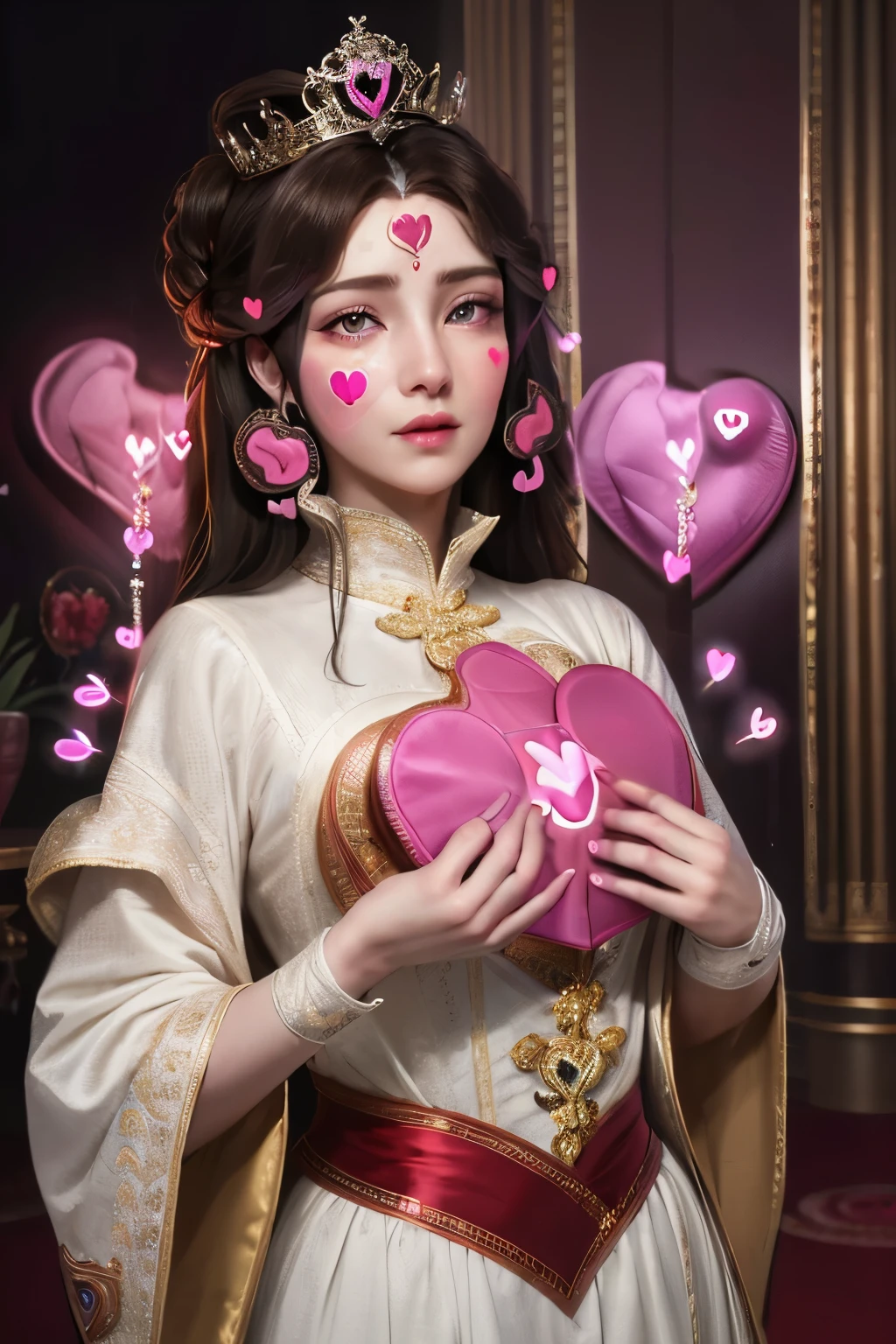 (best quality,4k,8k,highres,masterpiece:1.2), ultra-detailed, (realistic,photorealistic,photo-realistic:1.37), mature female, light brown hair, beautiful detailed lips, throne, (heartbeat:1.9), (heart mark:1.9), elegant dress, confident posture, soft lighting, regal atmosphere, subtle smile, intricate details, vibrant colors, classic portrait style, captivating expression, peaceful background, gentle breeze, majestic aura, tranquil ambiance, radiant energy, ethereal beauty, soulful eyes, enchanting presence, timeless charm, graceful movements, refined features, captivating gaze, delicate facial features, emotional depth, regal presence, aura of power and authority, intricate patterns, elegant embellishments, polished composition, crown, confident and strong personality, air of elegance and sophistication, stunning realism, (heart symbol:1.9), mesmerizing artwork, captivating beauty, expressive eyes, noble demeanor, serene atmosphere, mesmerizing beauty, (heart-shaped motif:1.9), mesmerizing gaze, royal lineage, alluring charm, breathtaking presence