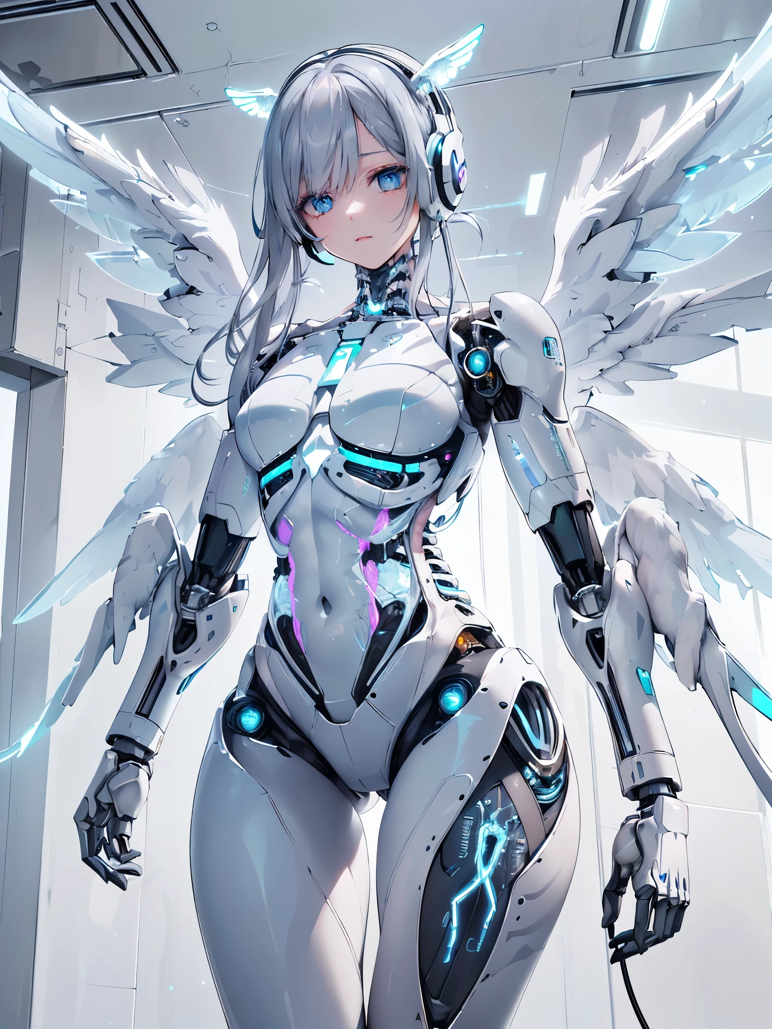 (8k, best quality, masterpiece:1.2),\(Eye details\),\(Facial features\),(\(Clothes detail details\)\),(1 girl:1.2),Mecha girl,solo,full body,Sophisticated 3D rendering of a beautiful Japanese girl Android , part, Beautiful studio soft lighting, rim light, Vibrant details, Luxury Cyberpunk, The body is made of organically flowing white and silver clear glass and plastic, Silver metal interior, dynamic poses, mobile organic ingredients, Meticulous carving, Lace design, Glowing golden circuit, H&#39;s Art,(Mechanical skeleton(Metal pelvis,Mechanical spine:1.2),high-tech robot,(Wired headphones of the future:1.2),(Blue glowing circuits on cheeks:1.3),(/grey hair:1.2/),(/shiny blue eyes/),Mecha,Cybernetic,[Beast],smooth skin,(This is an android:1.5),(flat chest:1.2),big ass,very long legs,(white angel's wings,it look like goose wing:1.3)