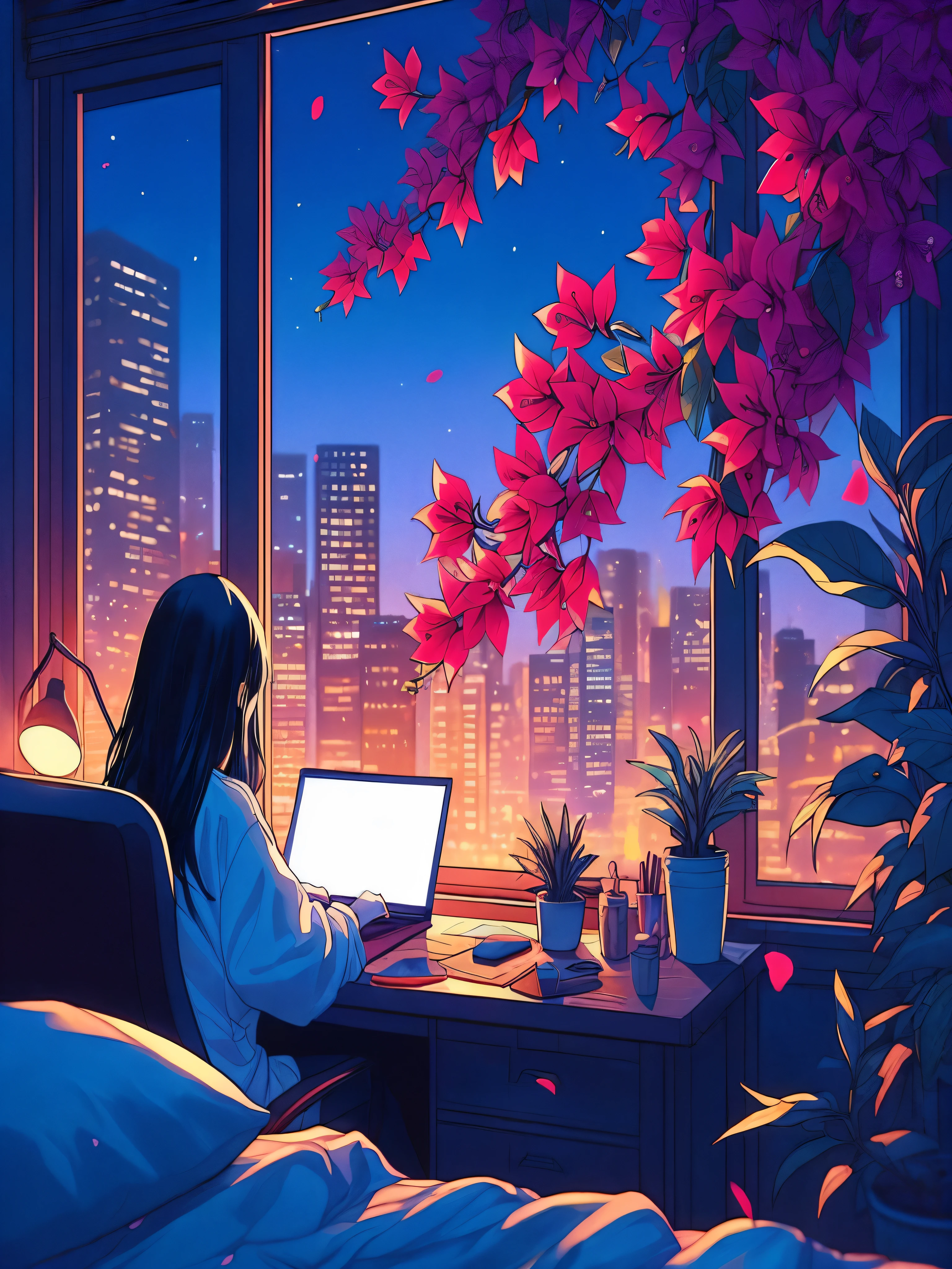 Draw a marvel style anime simple art of a women working on her desk with Bougainvillea flowers stem coming inside from window, dark evening, fairylights, city, plants, bed, shade, beautiful sky, beautiful color palette,