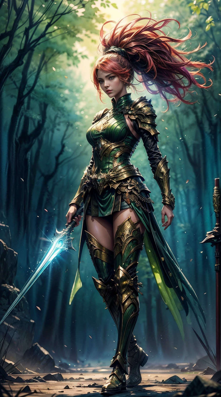 a full body picture of figures,Depicts a fantasy female warrior in a holding a staff。bright green eyes, standing in an imposing pose looking at the viewer,The expression is threatening。full battle outfit in shades of green。Soft, warm lighting highlights her thoughtful gaze。Create using:digital strokes、Reflect emotions、fantastic dream scene、Detailed character research、ambient color、chaotic atmosphere、glibatree tips、HD quality、Natural look。Focus on showing the power and of female warrior, (watercolor painting:1.5),(Super high saturation, bright and vivid colors:1.5), (nsfw), (Look at the audience head-on:1.5)