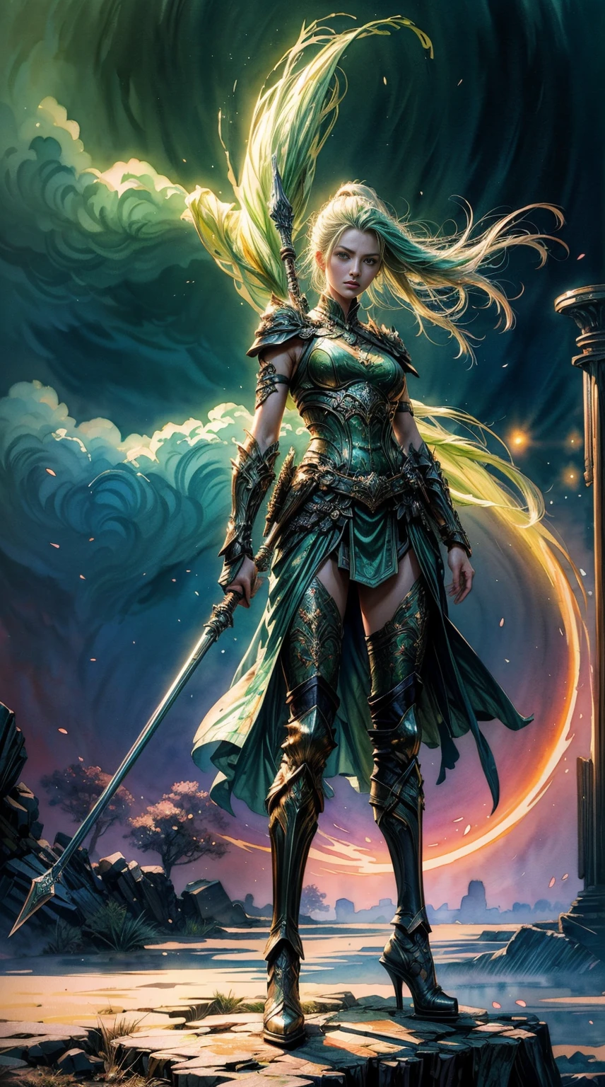 a full body picture of figures,Depicts a fantasy female warrior in a holding a staff。bright green eyes, standing in an imposing pose looking at the viewer,The expression is threatening。full battle outfit in shades of green。Soft, warm lighting highlights her thoughtful gaze。Create using:digital strokes、Reflect emotions、fantastic dream scene、Detailed character research、ambient color、chaotic atmosphere、glibatree tips、HD quality、Natural look。Focus on showing the power and of female warrior, (watercolor painting:1.5),(Super high saturation, bright and vivid colors:1.5), (nsfw), (Look at the audience head-on:1.5)