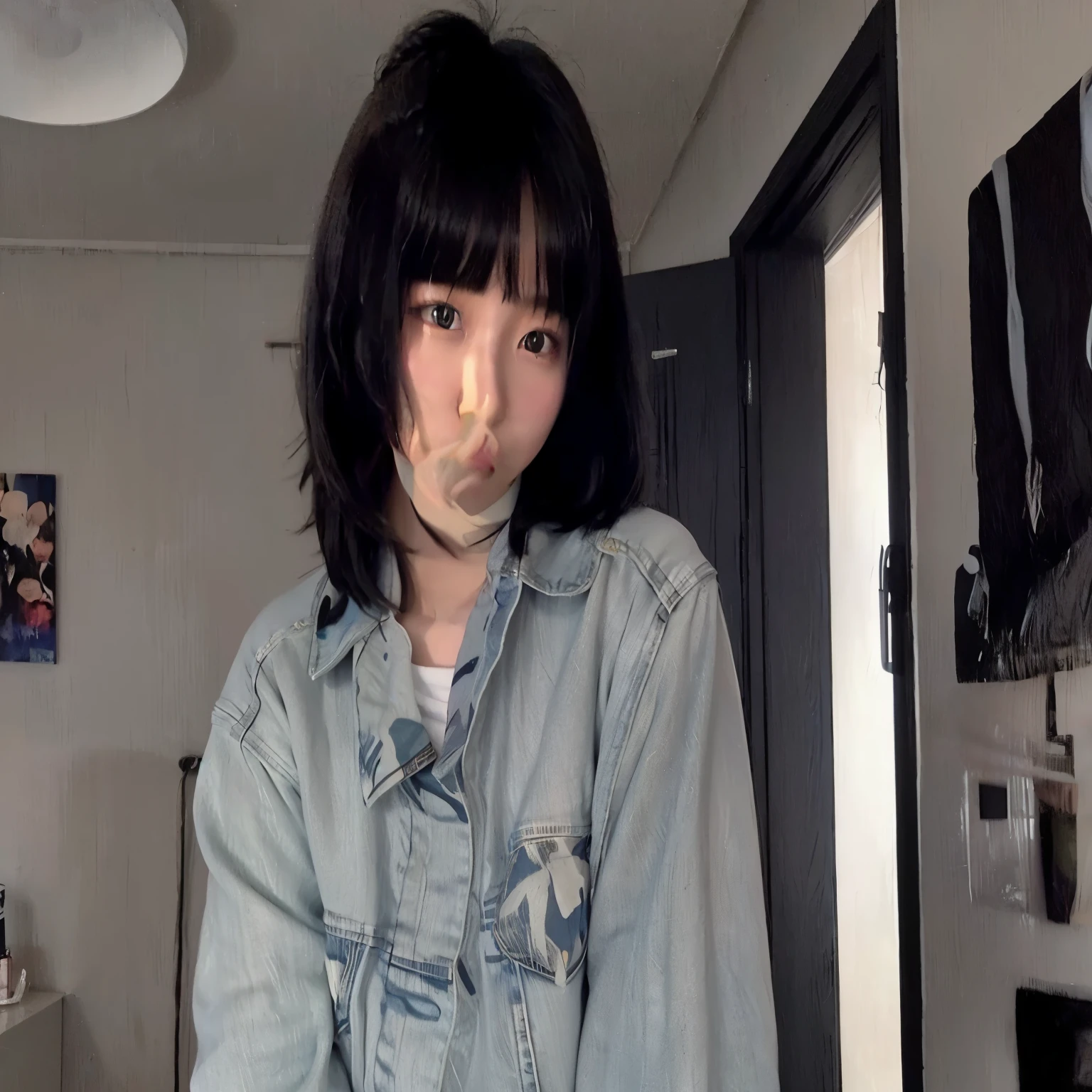 korean woman in a denim jacket standing in a room, with short hair with bangs, she has black hair with bangs, with short hair, ulzzang, with bangs, with full bangs, janice sung, neat hair with bangs, jinyoung shin, lofi girl aesthetic, only a few bangs of hair, fluffy bangs, hair whitebangs hair, green eyes