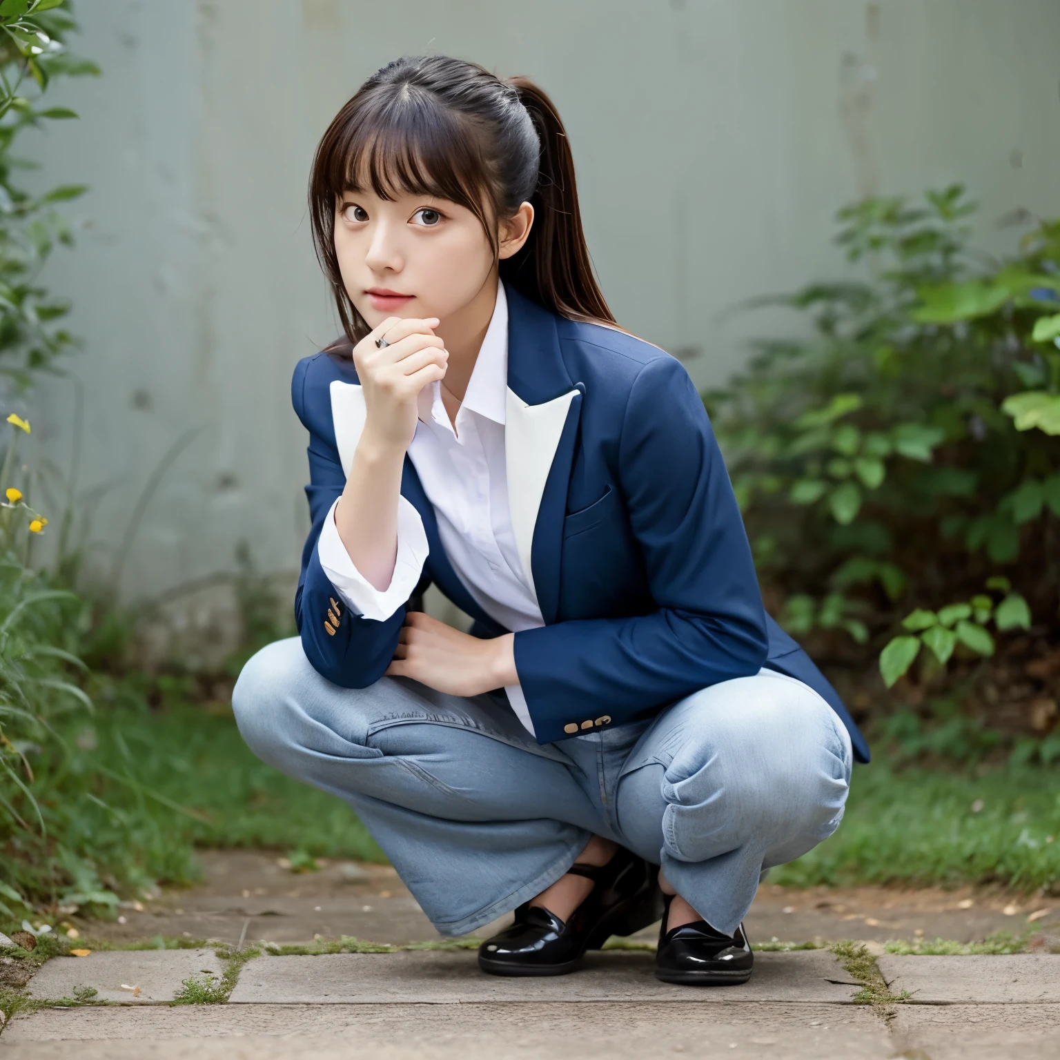 blazer、spread legs、squat