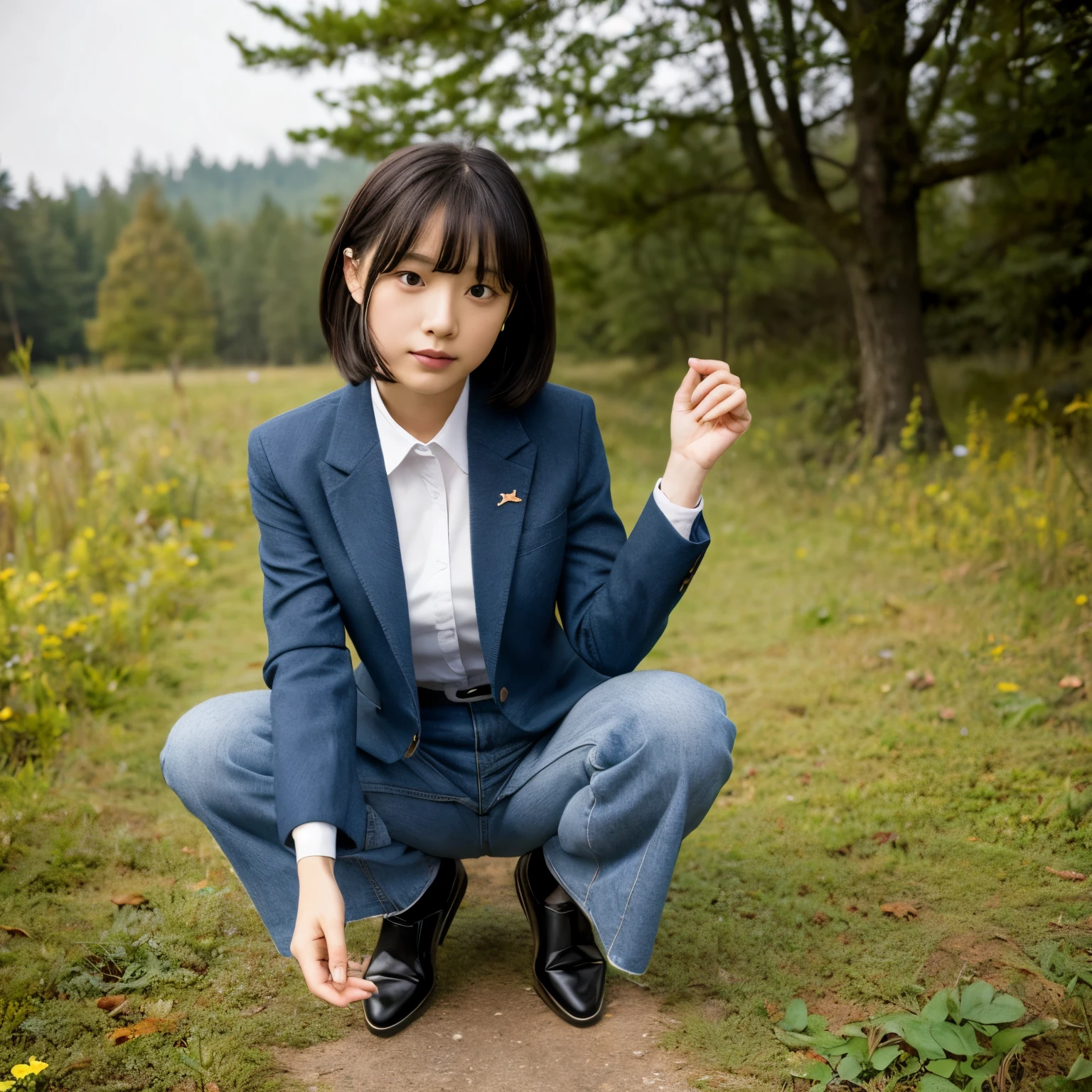 blazer、spread legs、squat