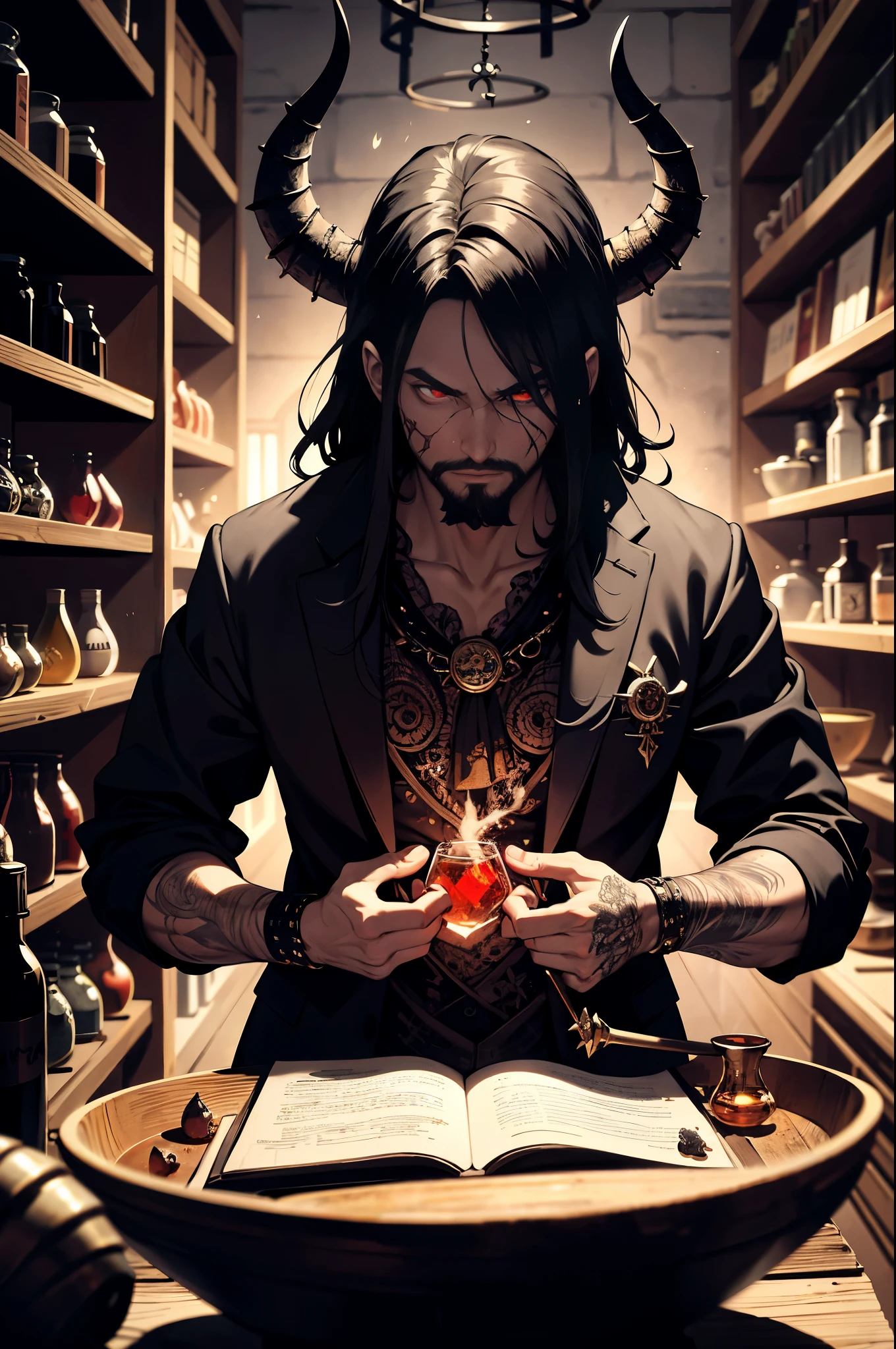 Ultra-realistic 8K CG, masterpiece, best quality, a devil doctor, solo, imposing figure, sharp features, piercing red eyes, goatee, lab coat covered in intricate symbols, hexagon pattern on chest, aura of darkness surrounding, potion bottles line the shelves behind, mysterious and intimidating, smoky background, dark and bold color palette,using a cane with a skull handle, cauldron bubbling with poisonous brew, potions on the stove sizzling, intense and focused gaze, alchemy table filled with tools, ancient scrolls and books, shadowy and mysterious atmosphere, intricate tattoos on forearms, conjuring circles on