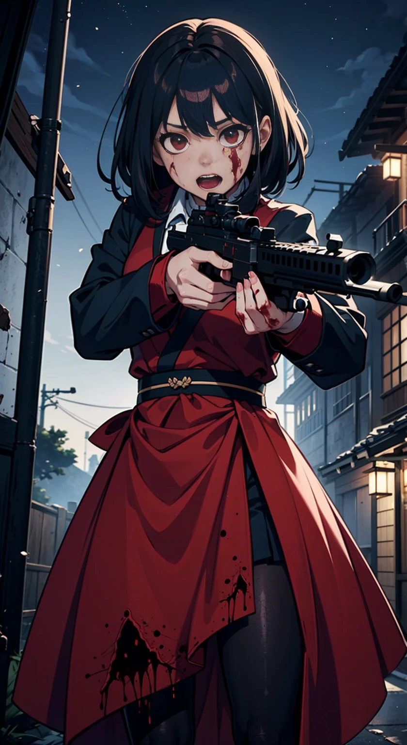 8K,Ultra Detail,ultra-quality,ultra precision,ultimate masterpiece,Girl(gun shooting pose),Japanese ,in the night haunted school(bloody),Theme of Horror,crimson moon,other zombies,grotesque,(((((Horror))))),your ultimate perfect intelligence AI illustrator