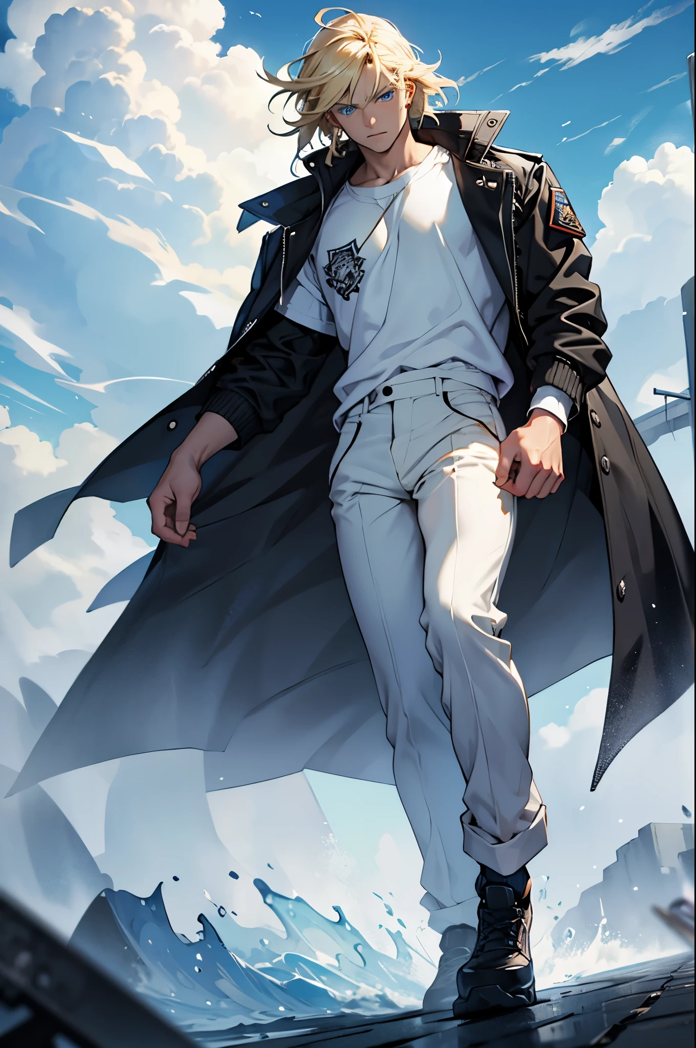 Part;0.5, man, 18 years, blond, Blue eyes, metal knuckles, White shirt, black jacket, Mainly cloudy, student, full length