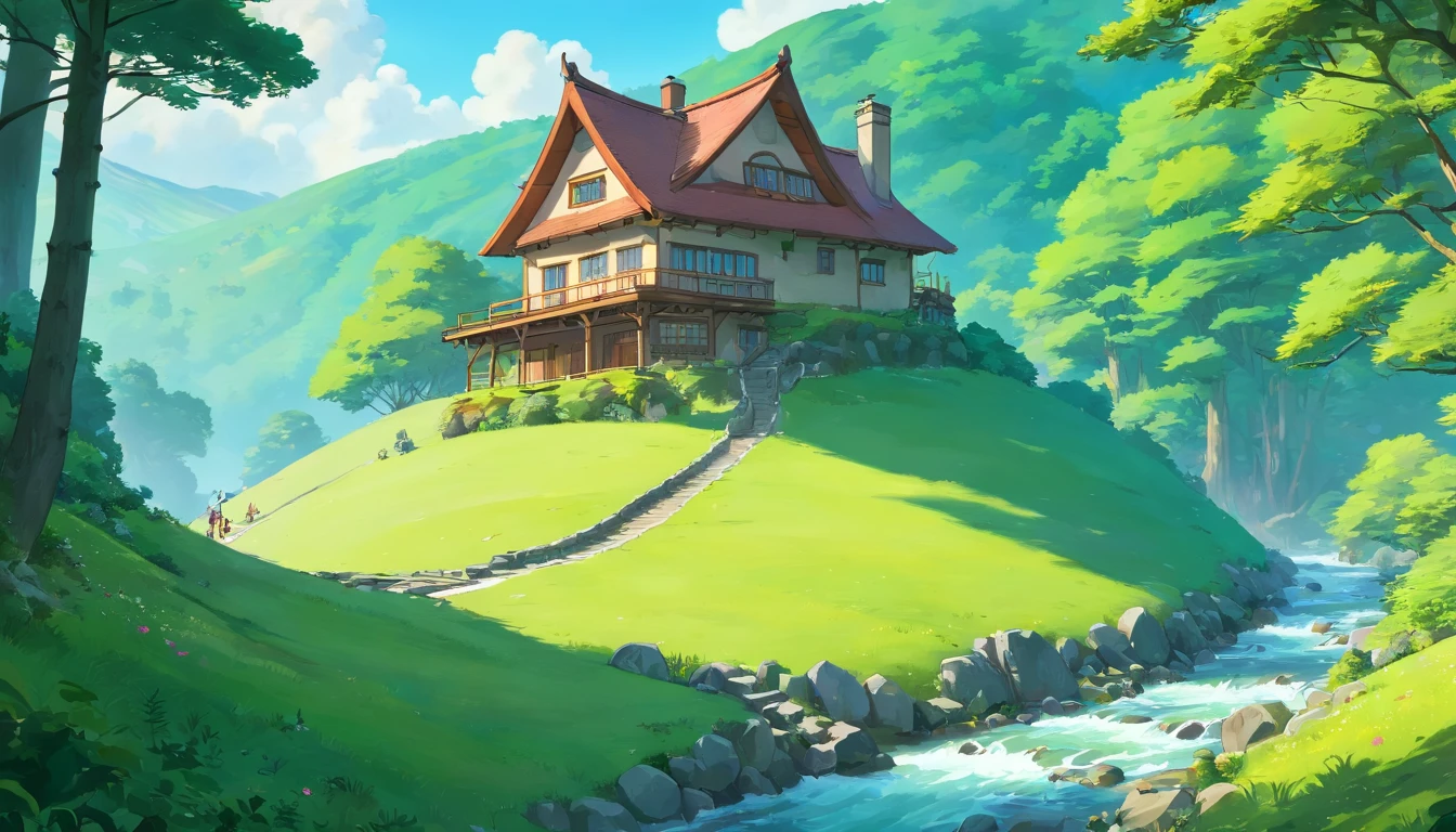 (best quality,4k,8k,highres,masterpiece:1.2),ultra-detailed,(realistic,photorealistic,photo-realistic:1.37)a little house on a hill,surrounded by forest and streams