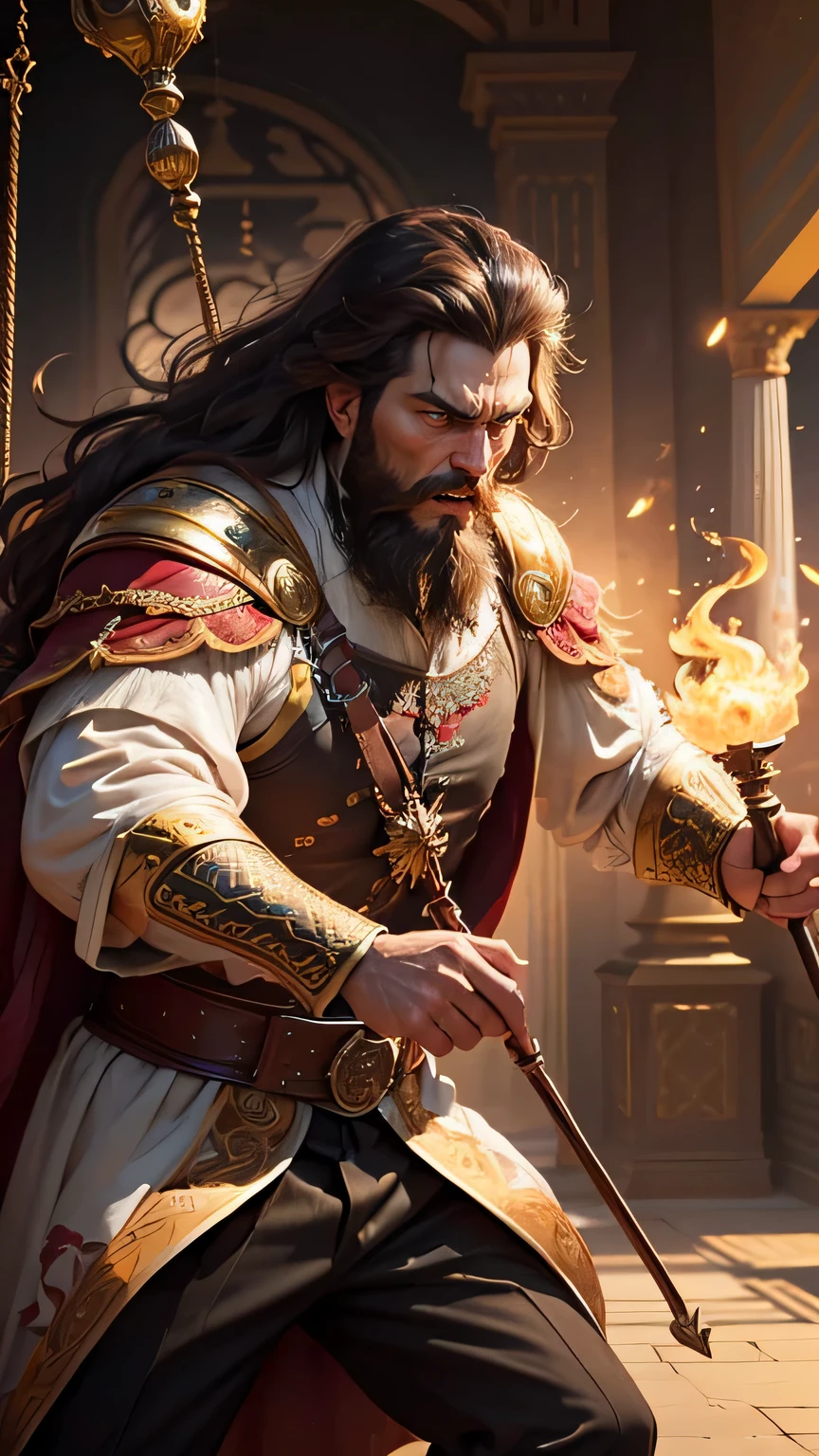 There is a king in the Palace, amazing, angry, roar, swing a golden staff, hitting the princess, luxurious royal Palace, volumetric lighting, 8K resolution, realistic, ultra high definition, rich detailed background, medium length dark brown hair, messy hair, full beard, wearing royal clothes , angry expression, 16th century Russia, Palace, (((background: princess lying down)))