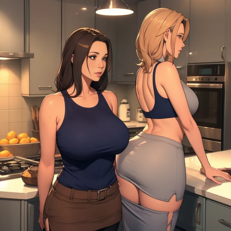 multiple thick body mature women milfs wearing tank top and sport skirt, standing along kitchen counter in a straight line side by side, all milfs facing away from camera, show ass, nsfw, show only mature female milfs, show only full back view, show backside, all milfs only look straight ahead, remove skirt