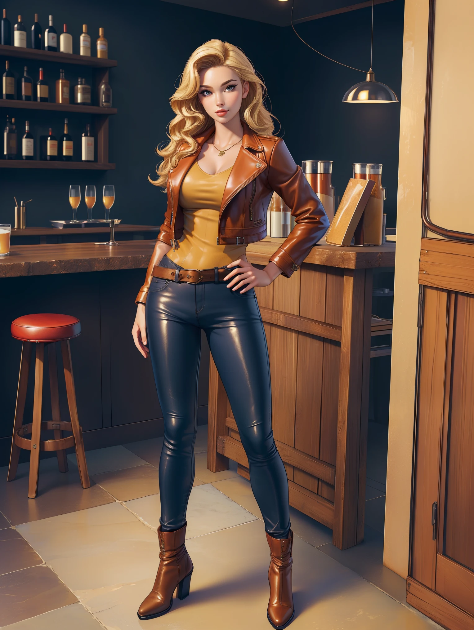 (((masterpiece, best quality, high quality, aipub))), full-body shot of an ultra hot gorgeous European woman, age 23, blonde wavy hair.leather jacket outfit, , in Fallout