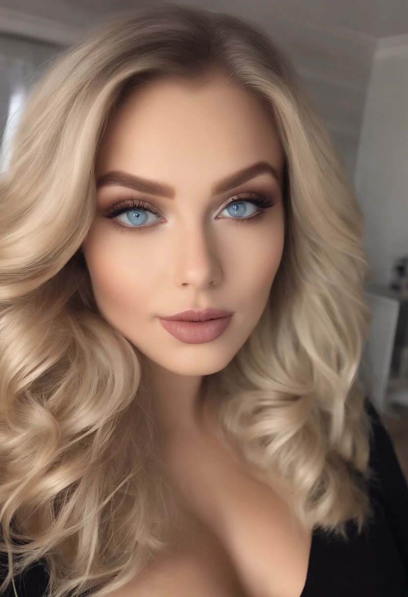 arafed frau voll , Sexy girl with blue eyes, ultra realistisch, Akribisch detailliert, portrait sophie mudd, blonde hair and large eyes, Selfie einer jungen Frau, Augen im Schlafzimmer, Violet Myers, ohne Make-up, Natural makeup, Blick direkt in die Kamera, Gesicht mit Artgram, dezentes Make-up, Stunning full body shot, die auf dem Bett kniet, im Schlafzimmer, medium to large bust size