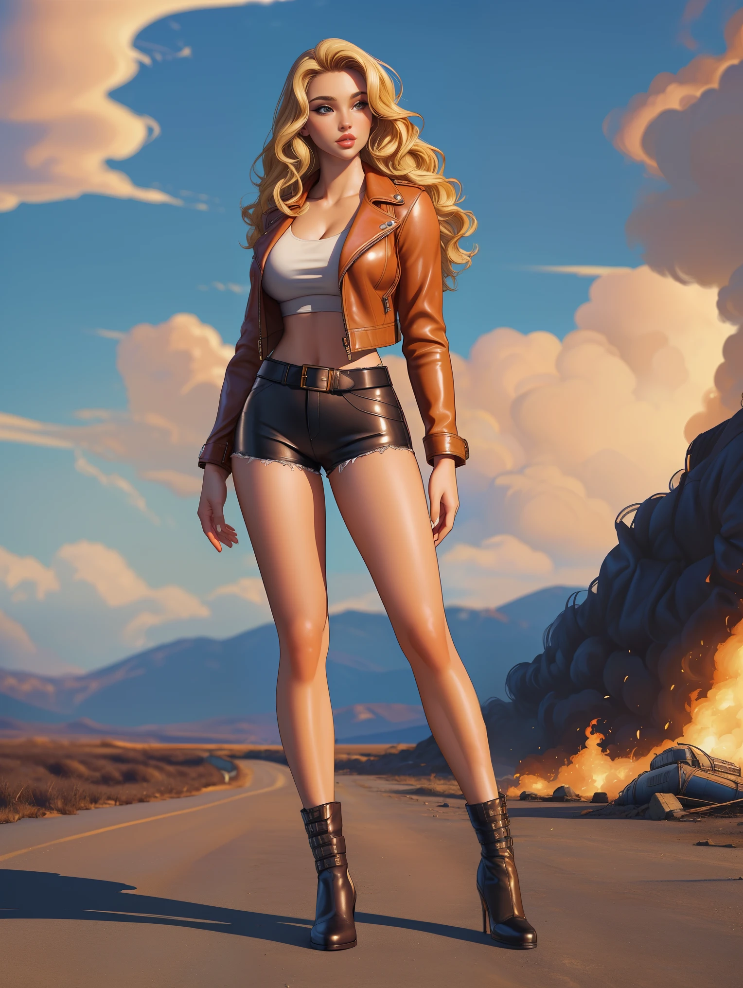 (((masterpiece, best quality, high quality, aipub))), full-body shot of an ultra hot gorgeous European woman, age 23, blonde wavy hair.leather jacket outfit, , in Fallout