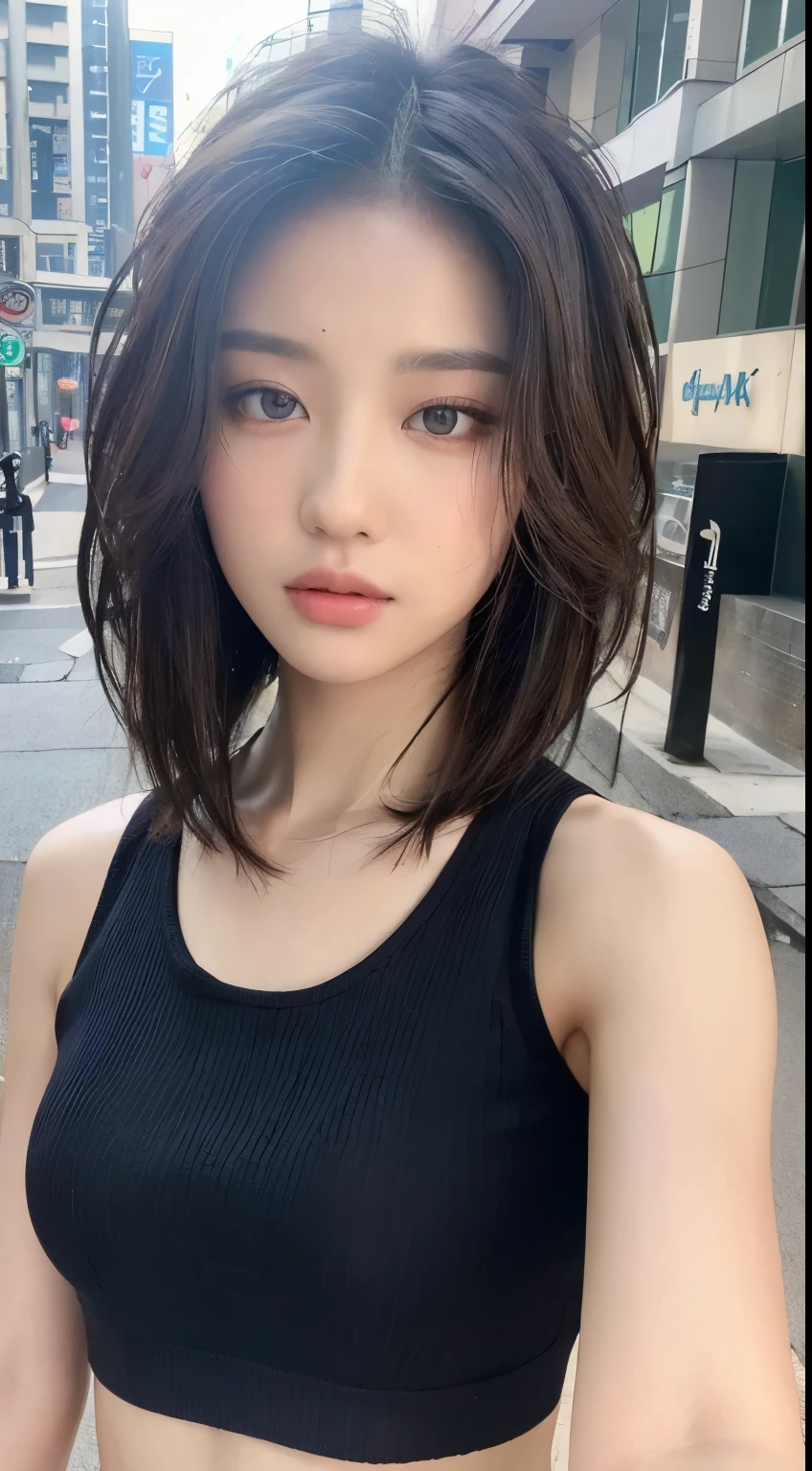 ((Best quality, 8k, Masterpiece :1.3)), Sharp focus: 1.2, Perfect Body Beauty: 1.4, Slim Abs: 1.2, ((Layered hairstyle: 1.2)), (Tank top shirt:1.1), (Street: 1.2), Highly detailed face and skin texture, Fine eyes, Double eyelids