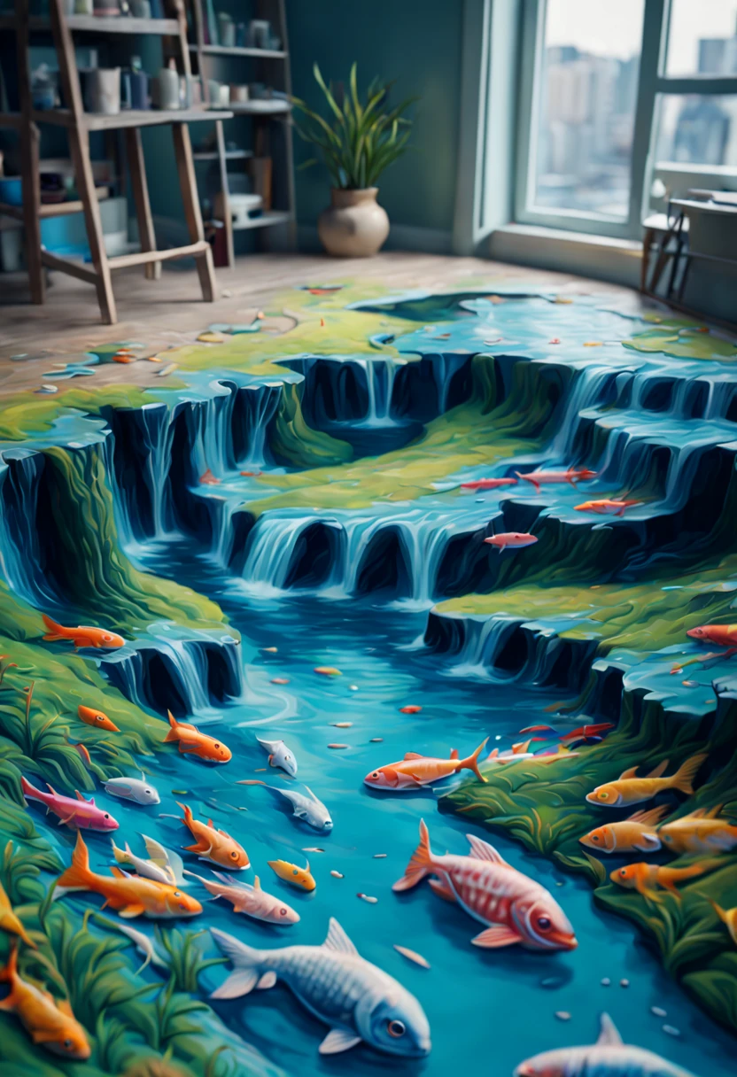 (3D painting:1.5) river with fishes anamorphosis in floor in the room. Cinematic lighting, vivid colors, Miki Asai Macro photography, close-up, hyper detailed, trending on artstation, sharp focus, studio photo, intricate details, highly detailed, by greg rutkowski