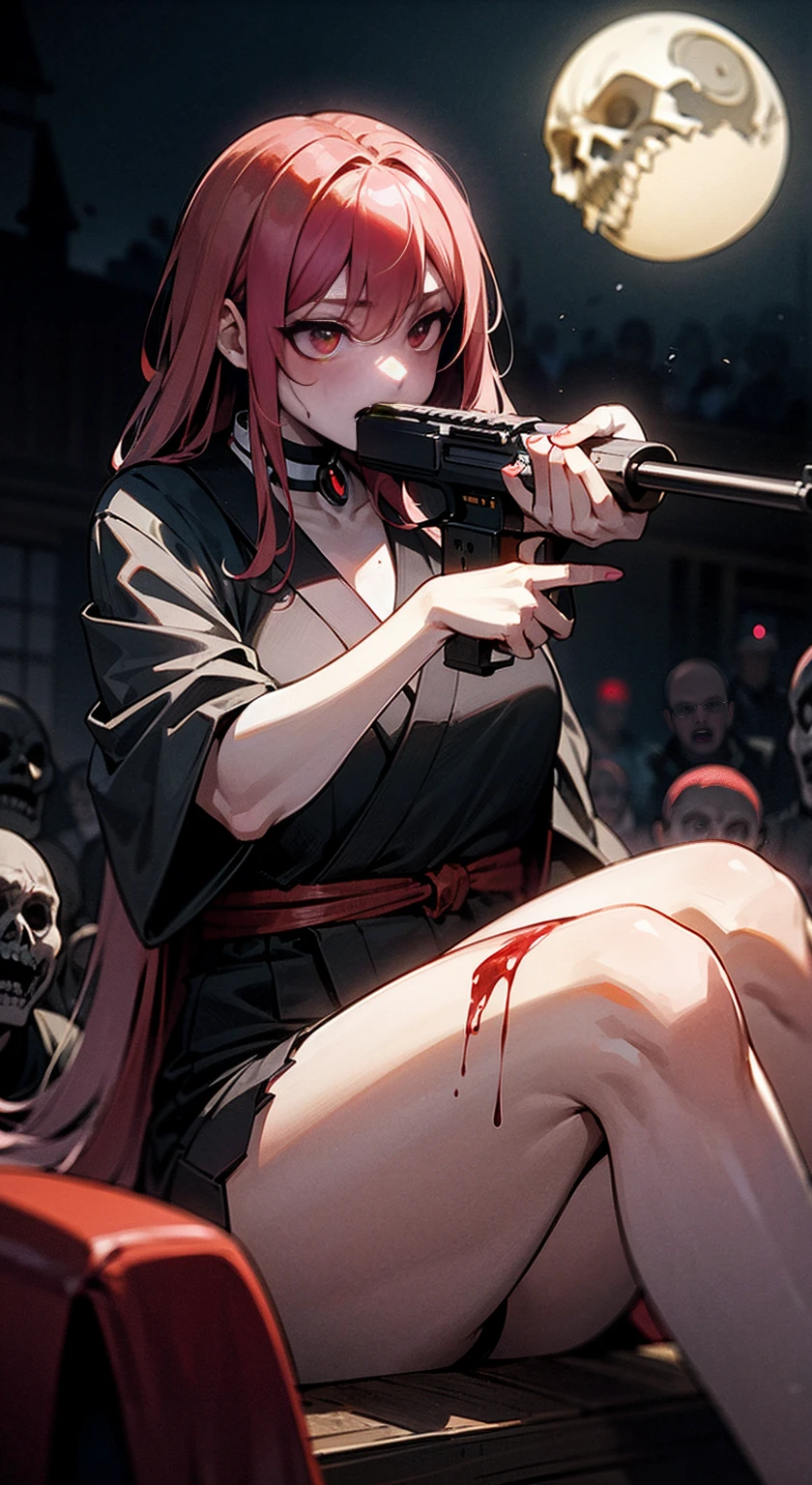 8K,Ultra Detail,ultra-quality,ultra precision,ultimate masterpiece,Girl(gun shooting pose),Japanese ,in the night haunted school(bloody),Theme of Horror,crimson moon,other zombies,grotesque,(((((Horror))))),your ultimate perfect intelligence AI illustrator