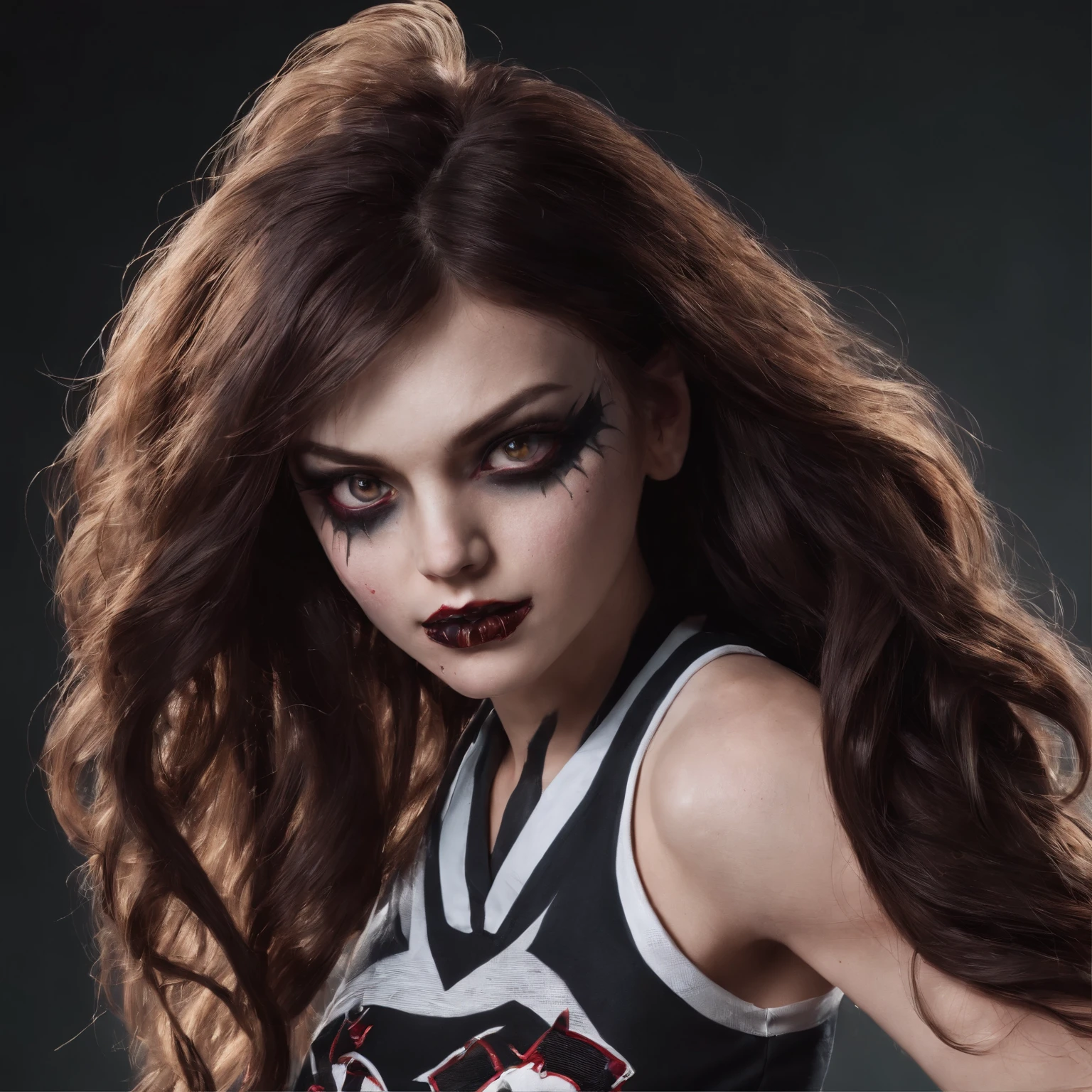 A haunting portrait of a young woman, cheerleader, with a face that reflects the horrors of the undead, zombie, empty eyes, bloodstains, ((vampire teeth)), dead eyes, evil eyes, showing of her sharp teeth, Focus on realism and intricate details to capture the unsettling nature of her appearance. Depict her lifeless eyes, decaying skin, and disheveled cheerleader uniform in vivid and precise detail, using shading and textures to bring the image to life. Long dark hair in pigtails, sexy pose
