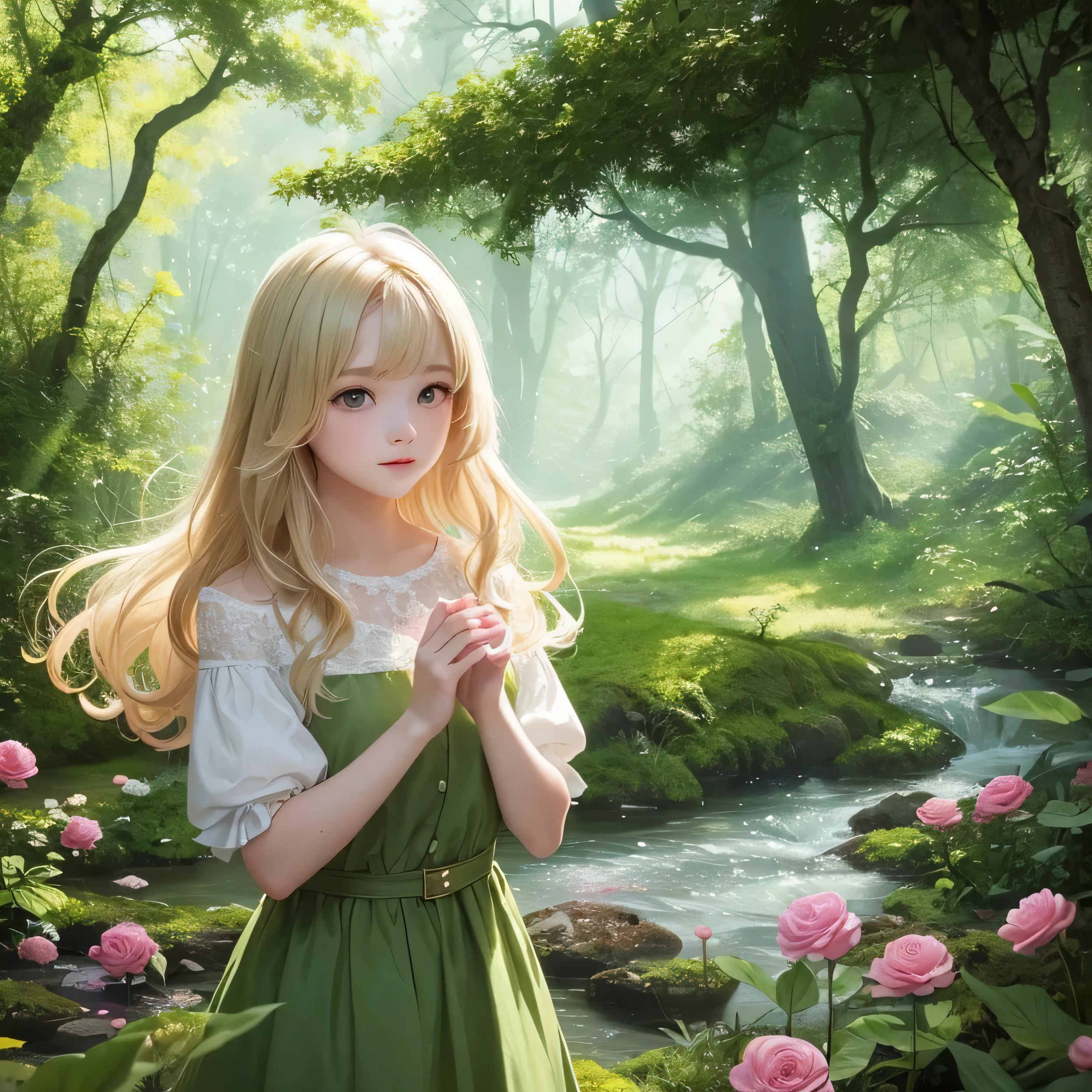 Girl in the forest with floating flowers, river, fluffy, fluffy cheeks, cute, blonde、bright colors, Colorful art style, soft lighting, soft shadow, fine texture, dynamic lighting, nice hands, perfect hands,