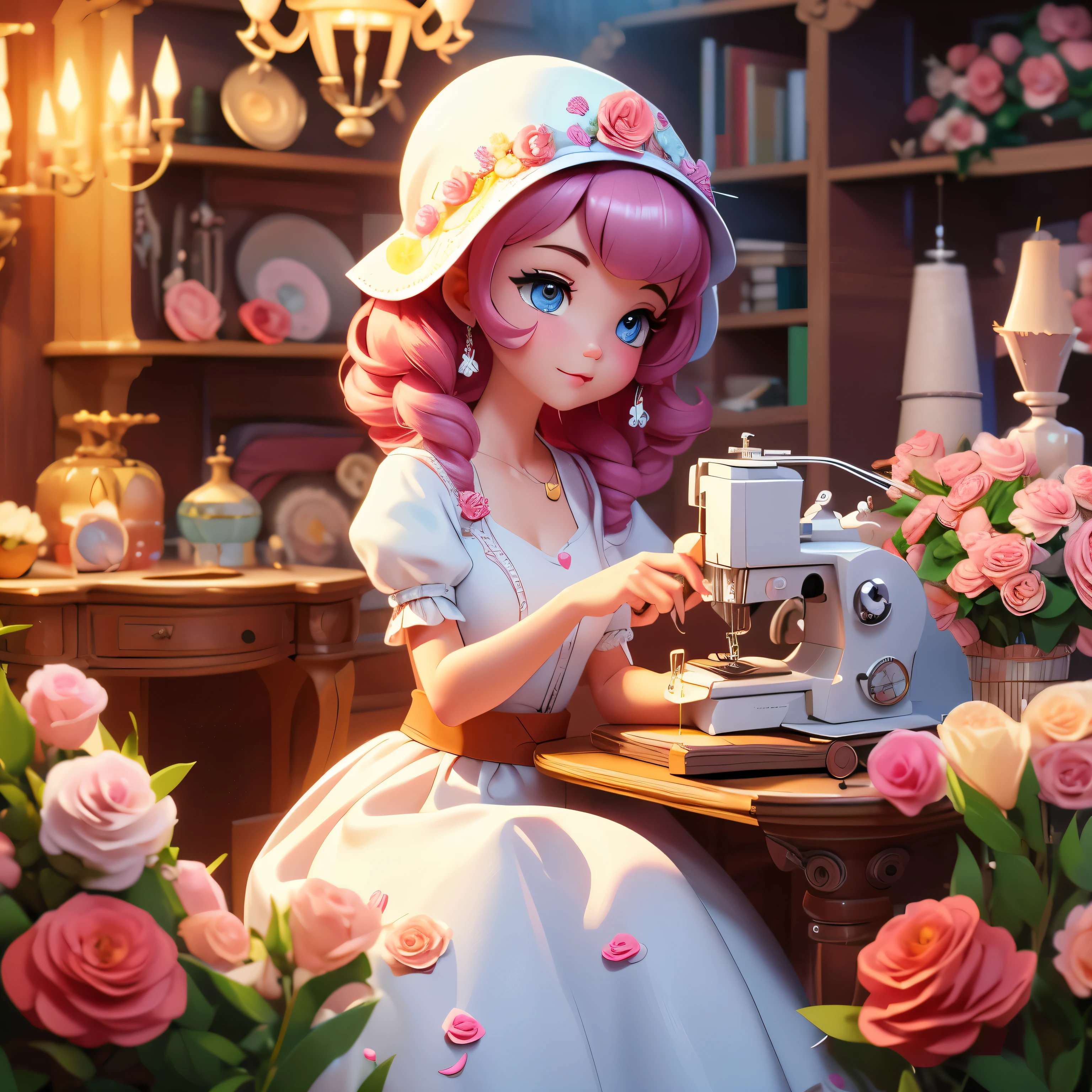 Detailed digital art of princess sewing with sewing machine, perfil, cabelo ondulado e , em volta de flores rosas e brancas, dynamic composition