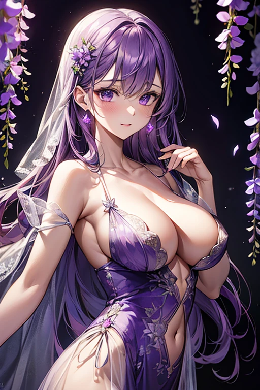 {{{{masterpiece}}}}, {{{super detailed}}}, {{{High resolution}}}, {{excellent anatomy}}, (((highest quality))), ((very delicate and beautiful)), {{very detailed and delicate}}, {8k cg wallpaper},((detailed background))One female、best style、beautiful woman、The most beautiful woman in the world、Purple flowers are blooming on the purple lake surface, soft purple glow, Purple light, (purple wisteria forest), wisteria season, art, shining purple, Purple petals are dancing everywhere、 The blossoming path to heaven, purple glow、Purple water、purple reflective water surface、purple light、(Sheer skin dress:1.6),((big breasts))、show through、waterside and wisteria、Detailed design、beautiful design、sexy pose、Sheer skin、nipple