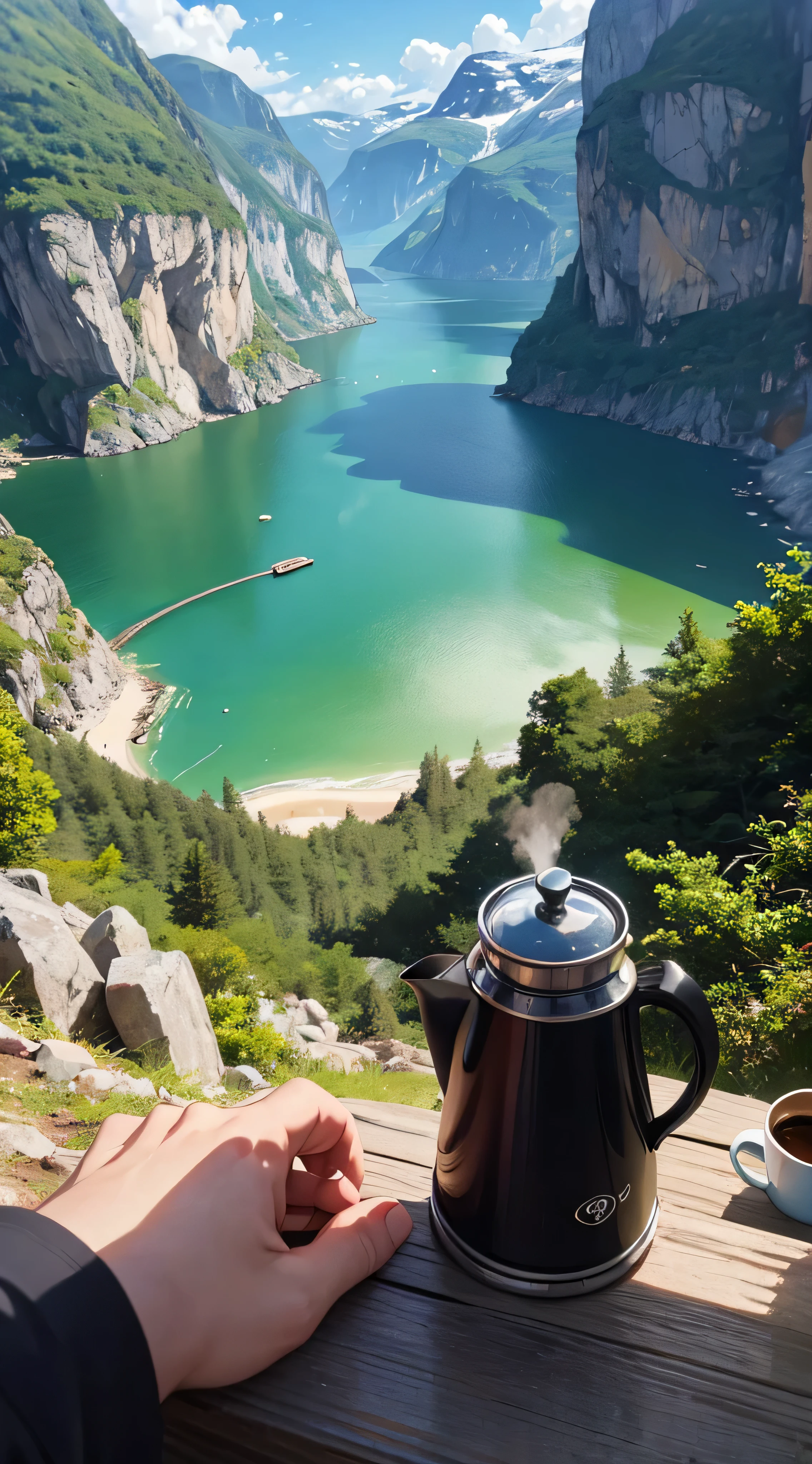 A POV perspective of the view while hiking in the fjords of Norway, amazing pristine view, campfire coffee pot and a cup of coffee with steam rising from the cup, Straight lines, anatomically correct bodies, geographically correct landscape relief,, anime, Ghibli, 8k, 16k, ultra-detailed, ultra sharp, structurally correct, vivid, flawless