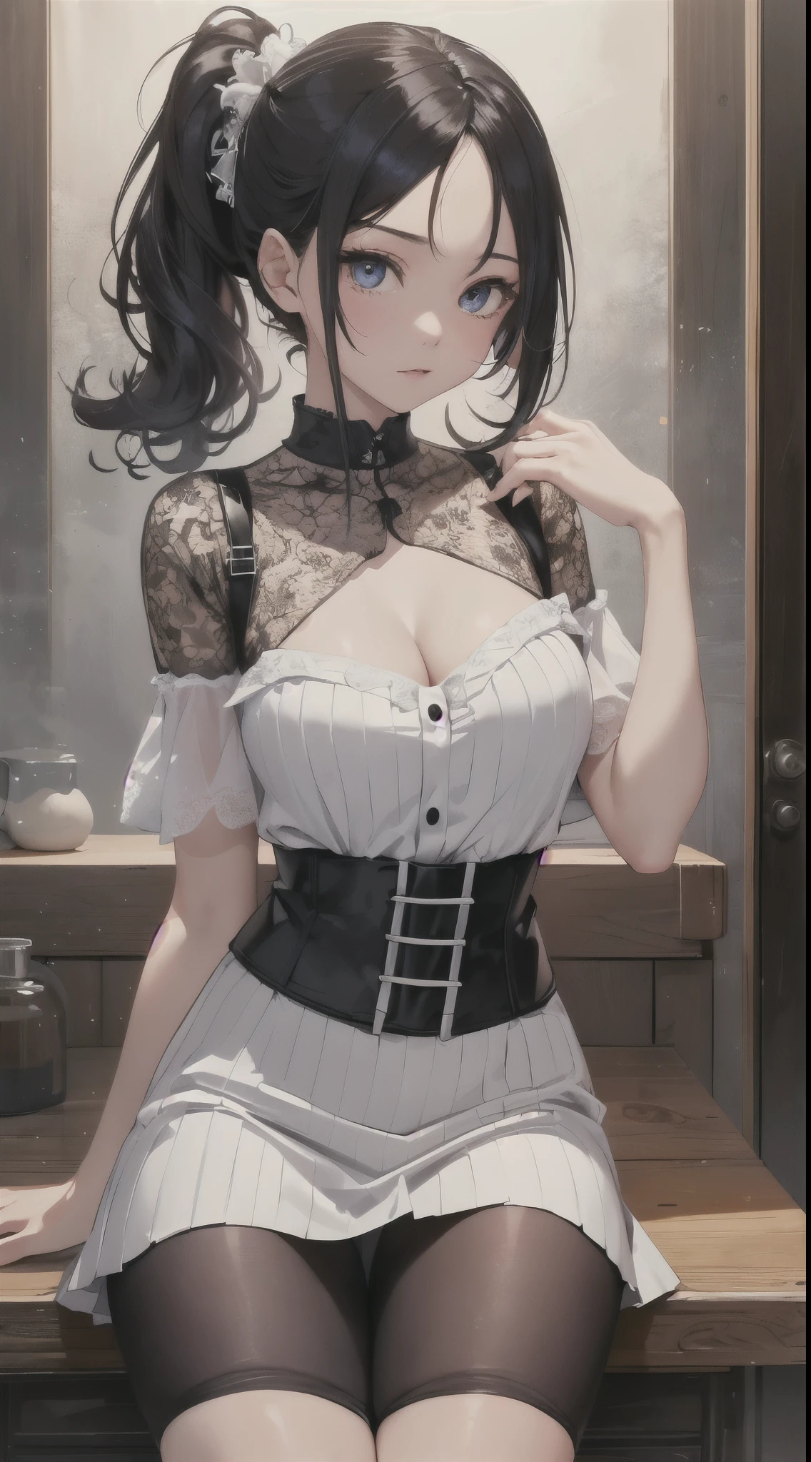 top quality、Top image quality、Masterpiece、girl with((cute little、18 years old、best bust、medium bust、Bust 85,beautiful blue eyes、Breasts wide open,Black hair ponytail、A slender one、Blue hairnet、white dress、white skirt、tee))high quality、beautiful art、background with((big white room、white lighting)),on the table、Well-designed、visual art、depth of field、best lighting、most detailed、8k