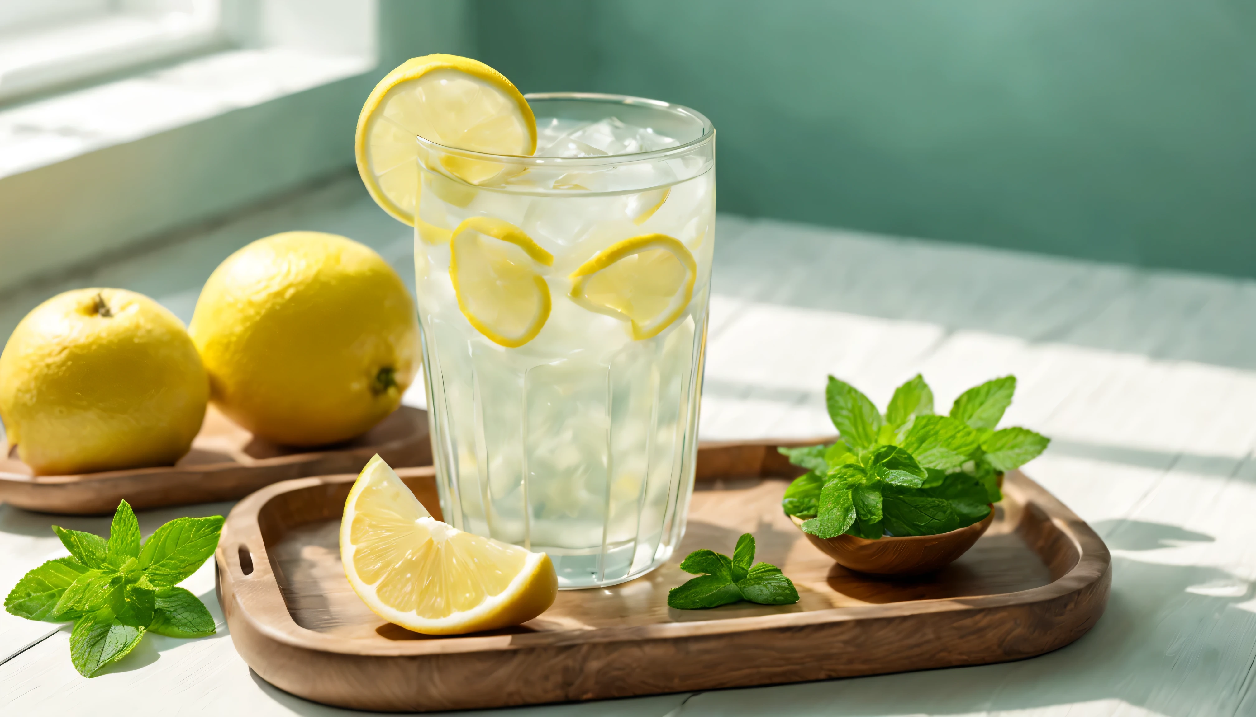 A glass of lemonade, frozen, frozen effect, Place on wooden pallet with fruit plate, Garnished with mint leaves, Add ice, Super realistic food pictures, The complete theme is shown in the figure,, Randy Post, Surrealism &Quote;, Surrealism&Quote;, high resolution照片.fresh, Bright, natural and soft light and shadow at noon.best quality.8k.romantic style.Literary youth style.Sophisticated and elegant. ultra high definition, masterpiece, anatomically correct, best quality.Photo quality.ultra high definition, anatomically correct, Super details, high quality, high resolution, 8k.No one is Super detailsed,Literary Youth Healing System.Fascinating and extremely beautiful perspective,Simple white textured background above.Make room