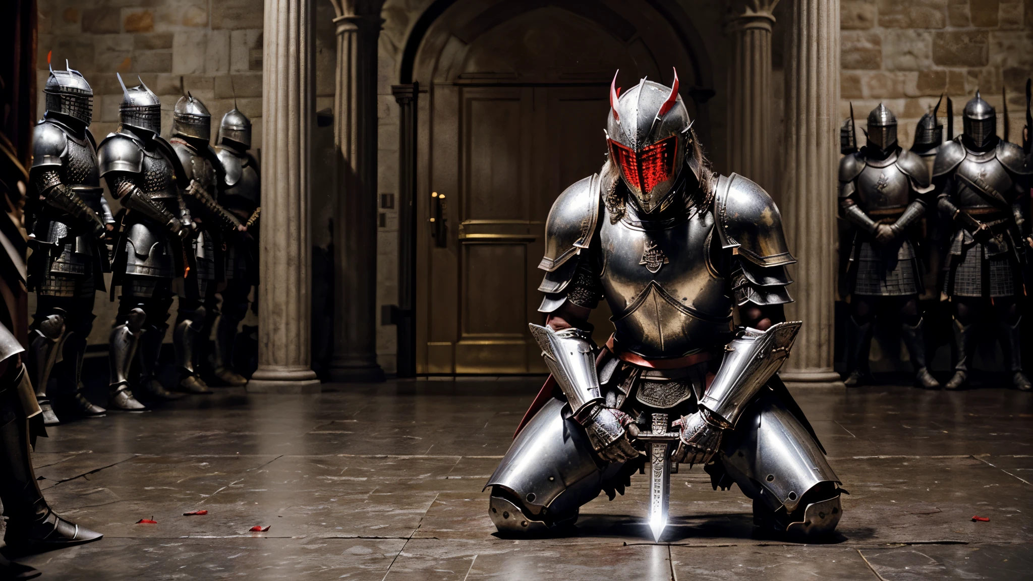 (Best quality,4K,8K,A high resolution,Masterpiece:1.2),Ultra-detailed,(Realistic,Photorealistic,photo-realistic:1.37),A sword-wielding silver armor warrior stood in the hall, Full body portrait of the mysterious knight, Wearing heavy armor,A sacred warrior wielding a legendary bright sword, Mythical warriors in full-body armor, A golden knight with divine armor, The eyes glow blood-red, Concept art for glorious figures, Crimson Armor Knight, Epic Paladin armor, Holy medieval knight, Kneel on one knee, Blades embedded in the earth, submission, ((at battle)), Full body shot.