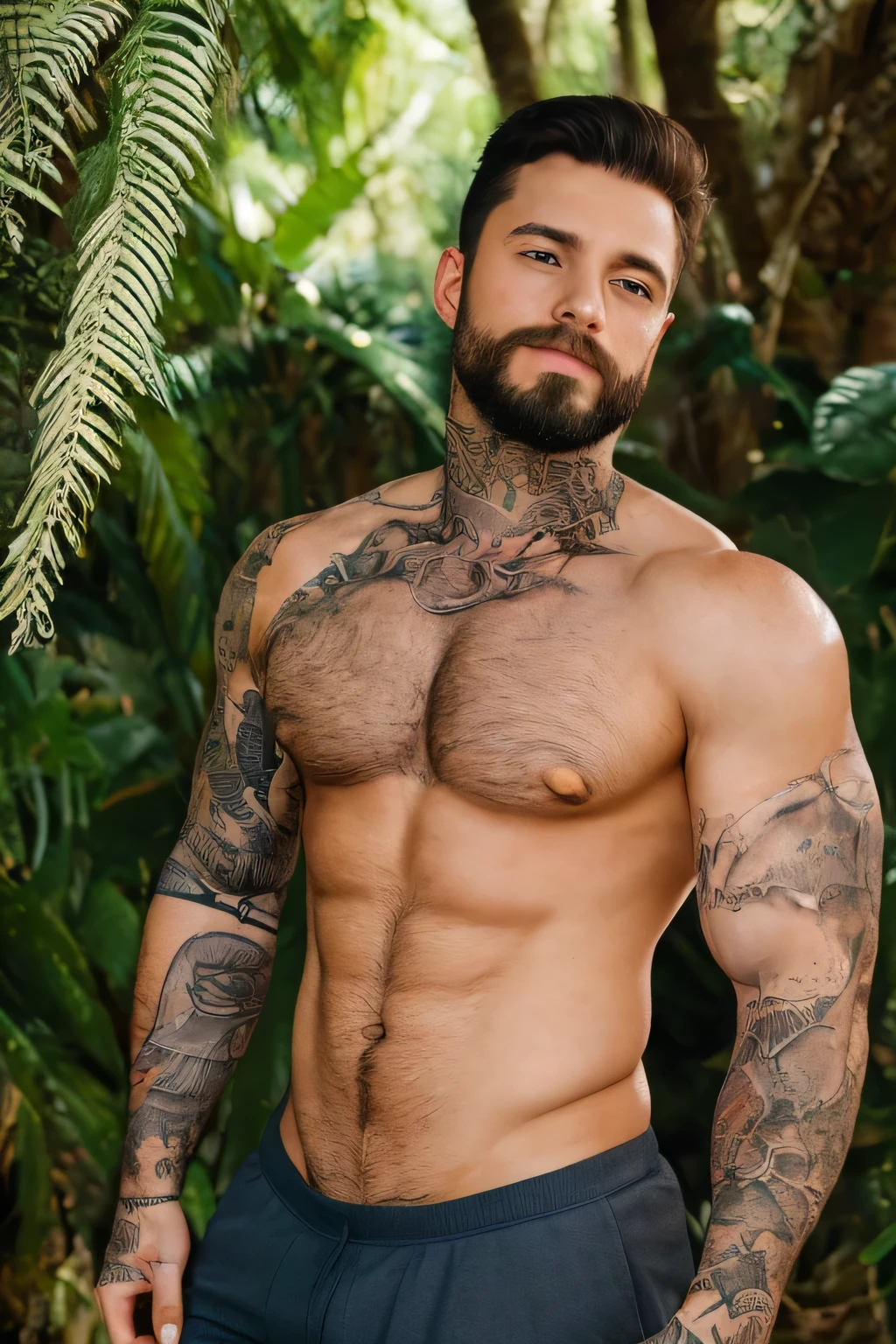 portrait of handsome man, soft belly, shirtless ,((short beard)), chest hair, no muscle, not defined, ((fat)), chubby, (((short hair))), short hair, 45 years old, full body, at jungle, underware, verry masculine