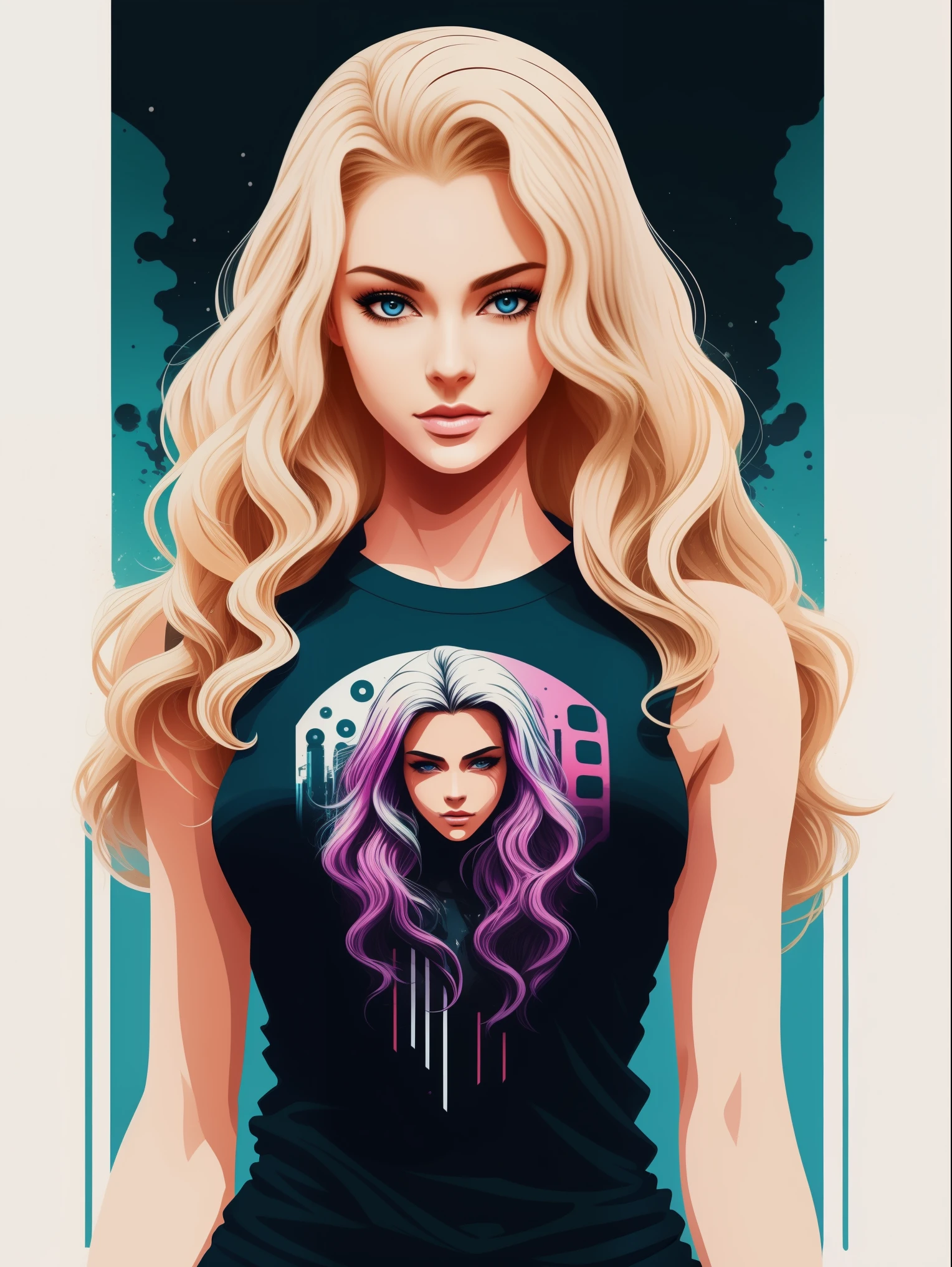An ultra hot gorgeous European woman, age 23, blonde wavy hair, 2D t-shirt art, Cyberpunk, epic illustration, vector, 2d illustration, white background, very colorful, full gradient modern colors, Focused, front view