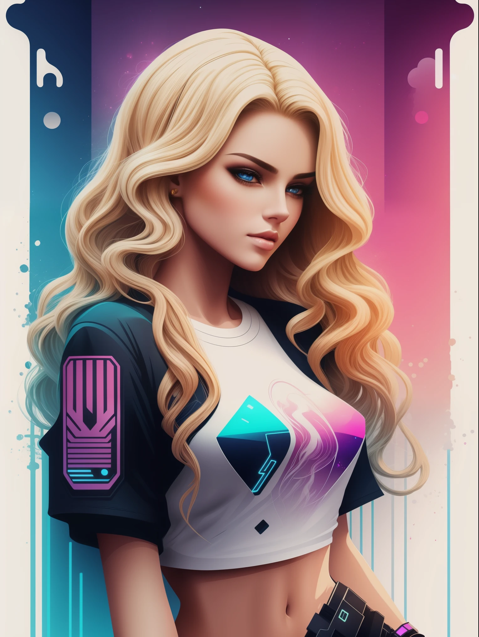 An ultra hot gorgeous European woman, age 23, blonde wavy hair, 2D t-shirt art, Cyberpunk, epic illustration, vector, 2d illustration, white background, very colorful, full gradient modern colors, Focused, front view