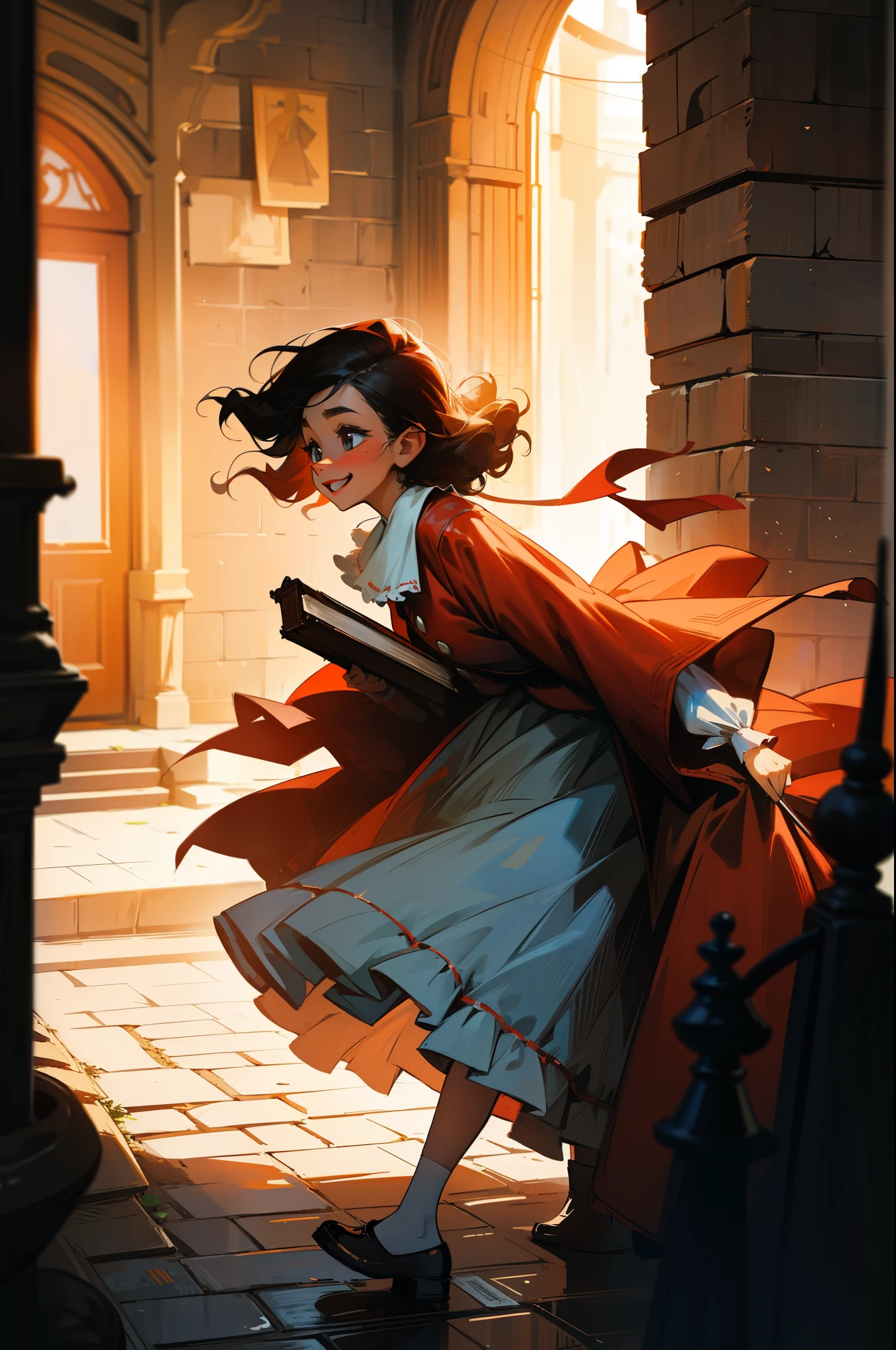 Amidst the quaint and whimsical town, a literary girl with cascading curls of literary russet hue was taking an evening stroll. Clad in a frilly blouse and a flared, ankle-length skirt, she carried an antique leather-bound book under her arm, her mind engrossed in the mystical world of words and stories.

As she ambled along the cobblestone streets, laughter floated through the air, emphasizing the contrast between her somber demeanor and the cheerful atmosphere. A forlorn clown stood in the corner, his painted smile replaced with a hopeless gaze, and his worn-out red jacket peeling with the
