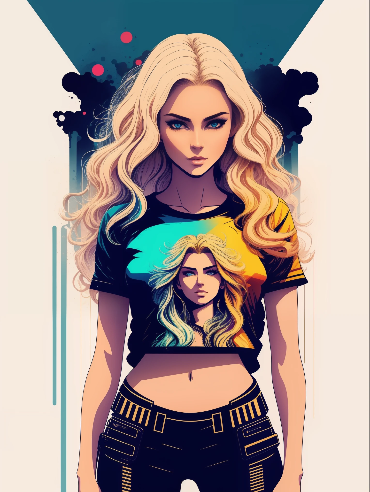 An ultra hot gorgeous European woman, age 23, blonde wavy hair, 2D t-shirt art, Cyberpunk, epic illustration, vector, 2d illustration, white background, very colorful, full gradient modern colors, Focused, front view