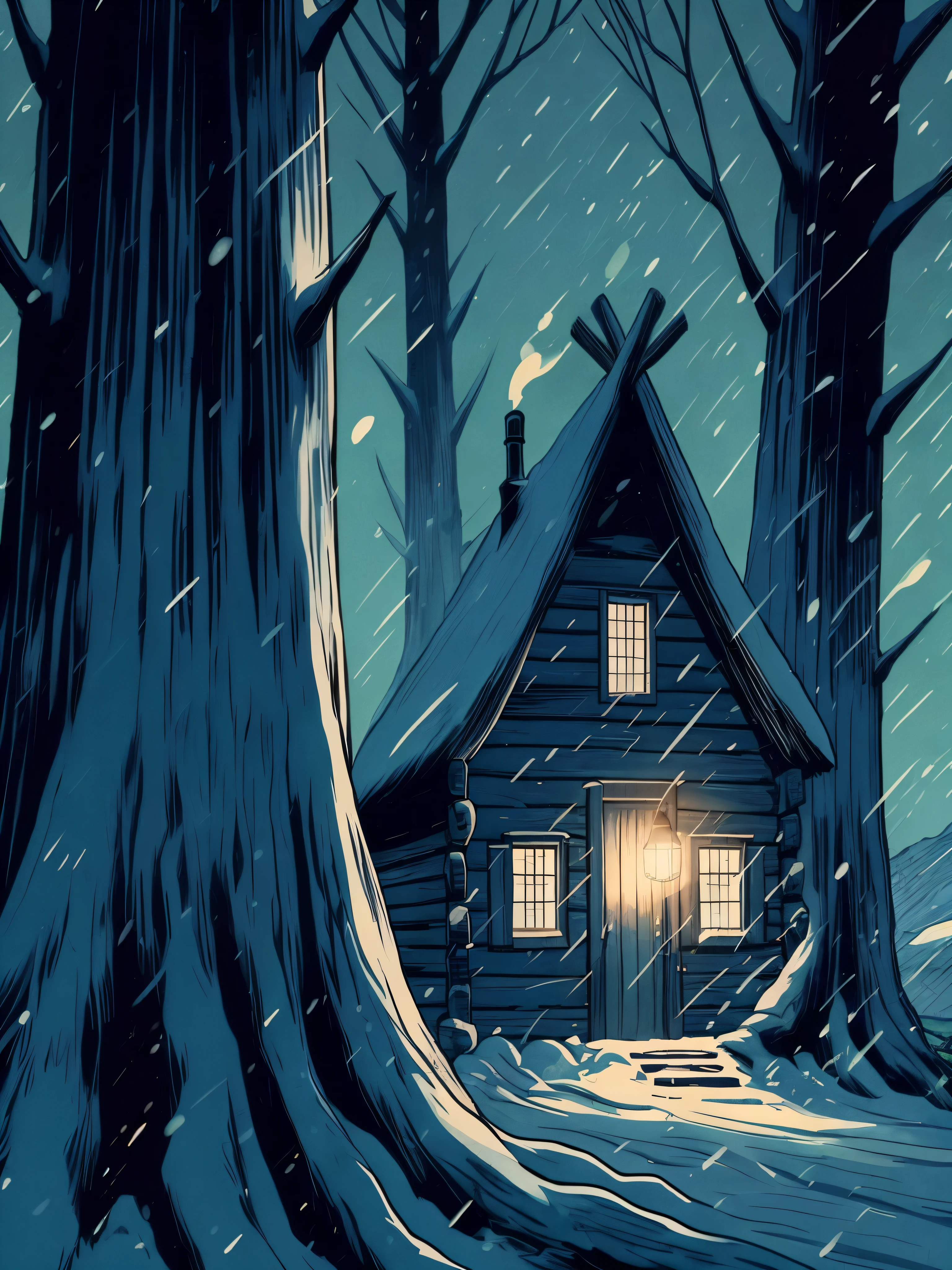 Draw a tintin style anime simple art of a beaitiful cabin in the woods hidden behind huge barks of pine tree, evening, dark, snowfall, winters, storm, evening, dramatic, bulb hanging outside door, bluish greenish tones, glow, windy, beautiful sky, beautiful color palette, no human