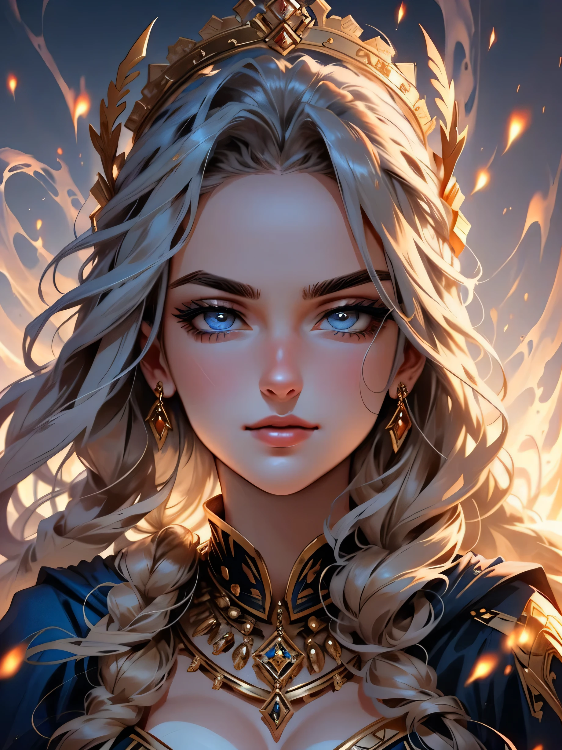 Absurd, ultra-detailed, high quality, masterpiece, detailed face, beautiful eyes(detailed eyes), Greek mythology, Goddess, Hera , the queen of the gods, striking and captivating, features are classically beautiful, with high cheekbones, a perfectly proportioned face, eyes depicted as large and captivating, hold an intense gaze, golden hair , Gole hair is luxuriant and flowing, cascading down her back in waves , wearing elegant robes adorned with intricate patterns , Her beauty is not merely superficial but embodies the essence of power, authority, and regality