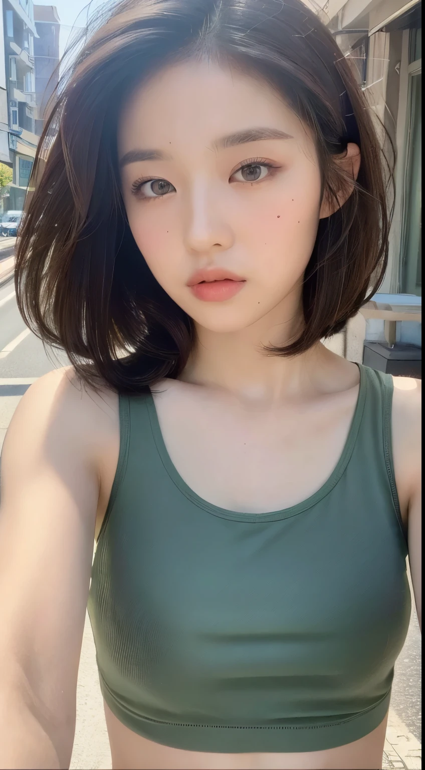 ((Best quality, 8k, Masterpiece :1.3)), Sharp focus: 1.2, Perfect Body Beauty: 1.4, Slim Abs: 1.2, ((Layered hairstyle: 1.2)), (Tank top shirt:1.1), (Street: 1.2), Highly detailed face and skin texture, Fine eyes, Double eyelids