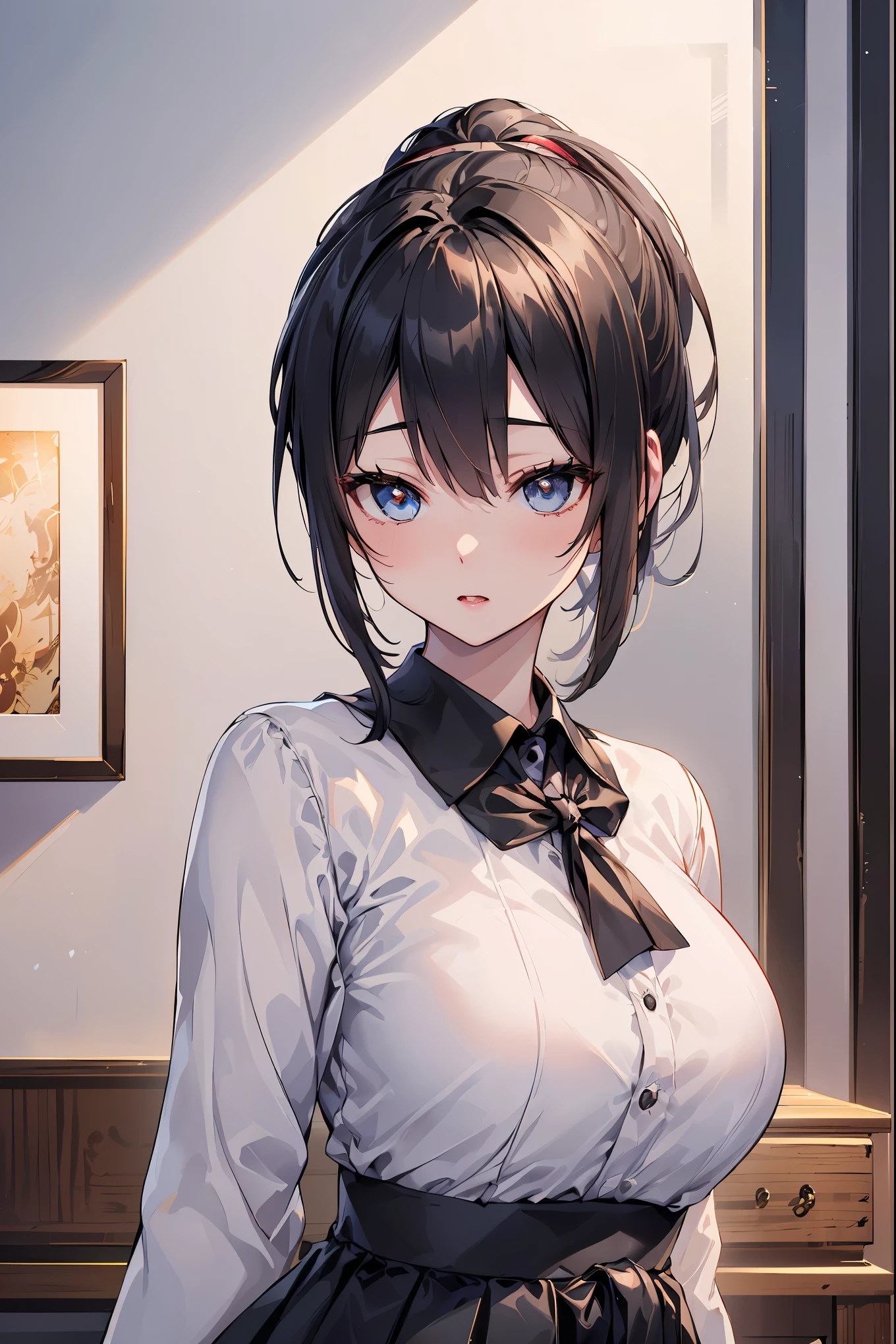 (1 girl:1.3, alone), (Audrey hepburn:1.3), (a very pretty japanese woman), (sexy girl), (business attire:1.3), (22 years old: 1.1), (from below:1.3), (low angle:1.3), (ground level shot:1.3), (girl on top:1.3), (手臂Put in背后,Put in:1.3), (Attractive random poses:1.3), (In the double bed room:1.3), (starring you:1.3), rest, (Bob ponytail:1.3), (Shiny fine black hair:1.2), Bangs, dark brown eyes, beautiful eyes, princess eyes, (big eyes:1.3), Bangs, hair between eyes, short hair:1.3, (thin and long:1.1), (small medium breasts:0.95), (thin waist: 1.15), (Detail of beautiful girl: 1.4), open lips, red lips, Full makeup, (shiny skin), ((perfect female body)), (Upper body pictures:1.3), perfect anatomy, Perfect proportion, (The most beautiful Korean actress face:1.3, Extremely cute and beautiful Japanese actress face:1.3), rest, (view viewer, Dressed schoolgirl, (Collared sailor shirt with rich details:1.3, long sleeves:1.3), (Black box skirt:1.3), Detailed clothes, rest, (Detailed elegant king room background:1.2), (dark background), (Soft studio lighting: 1.3), (Fake lights: 1.3), (backlight: 1.3), rest, (actual, lifelike: 1.37), (masterpiece, best quality: 1.2), (ultra high resolution: 1.2), (original photo: 1.2), (sharp focus: 1.3), (Face focus: 1.2), (Super detailed CG unified 8k wallpaper: 1.2), (beautiful skin: 1.2), (pale skin: 1.3), (Hyper sharp focus: 1.5), (Ultra sharp focus: 1.5), (beautiful pretty face: 1.3), (Super detailed background, Detail background: 1.3), Ultra actual Photo, super clear image, Ultra-detailed images,