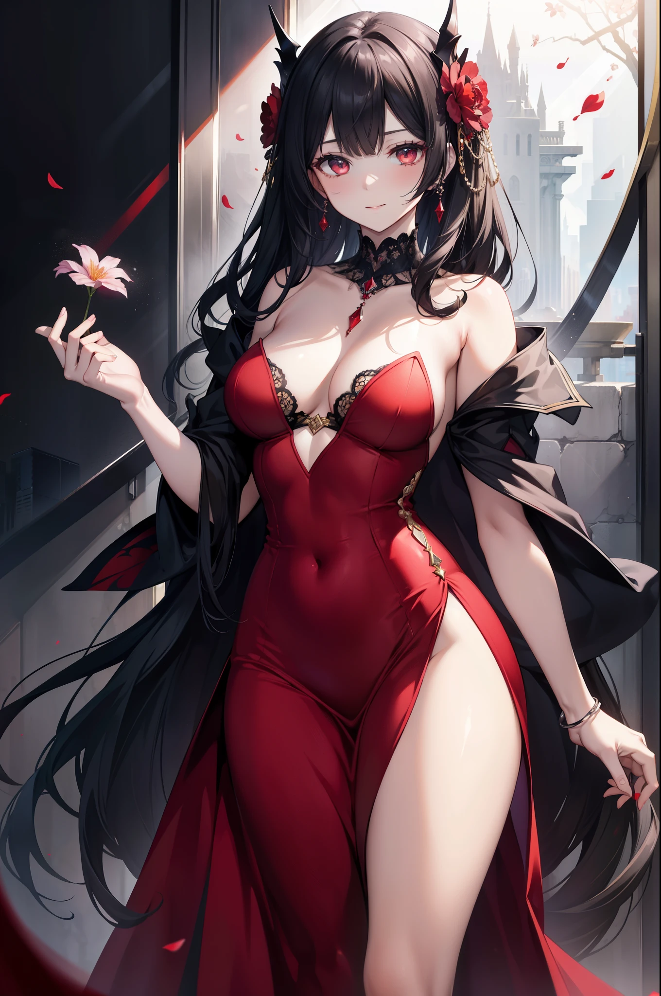 (masterpiece), A woman holding a blooming flower in one hand, while the other hand reveals a devilish grasp, her expression bearing an enigmatic smile. The petals of the flower are in vibrant hues, contrasting the ominous shadows cast by her unusual accessory. The sunlight filters through the dense foliage behind her, casting a warm glow on her seductive figure, clad in a revealing red dress. Her eyes, half-lidded with temptation, glint with an otherworldly allure. This artwork teems with intrigue, inviting viewers to ponder the paradoxical nature of beauty and darkness. (top-quality, super detailed, hyper realistic)