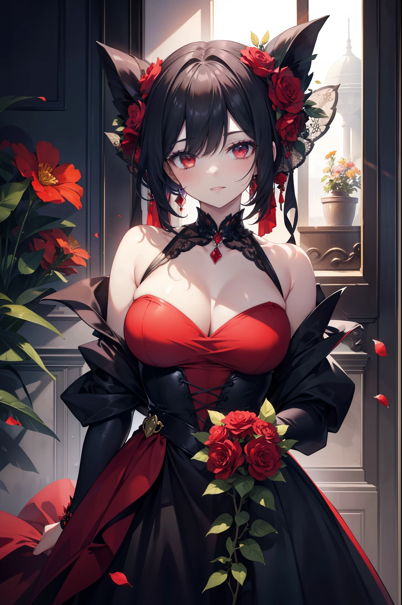 (masterpiece), A woman holding a blooming flower in one hand, while the other hand reveals a devilish grasp, her expression bearing an enigmatic smile. The petals of the flower are in vibrant hues, contrasting the ominous shadows cast by her unusual accessory. The sunlight filters through the dense foliage behind her, casting a warm glow on her seductive figure, clad in a revealing red dress. Her eyes, half-lidded with temptation, glint with an otherworldly allure. This artwork teems with intrigue, inviting viewers to ponder the paradoxical nature of beauty and darkness. (top-quality, super detailed, hyper realistic)