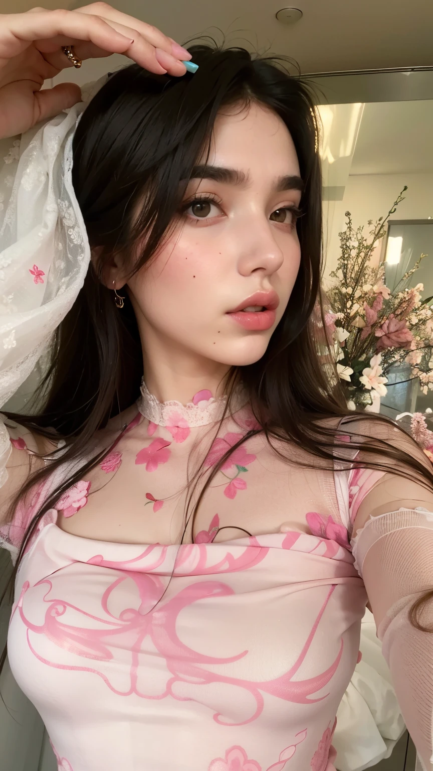 there is a woman that is posing for a picture in a mirror, dua lipa, anna nikonova aka newmilky, gorgeous lady, julia gorokhova, wearing pink floral gown, see - through, ava max, pink lips, olga buzova, 1 8 yo, in style of petra collins, beautiful aesthetic, julia sarda