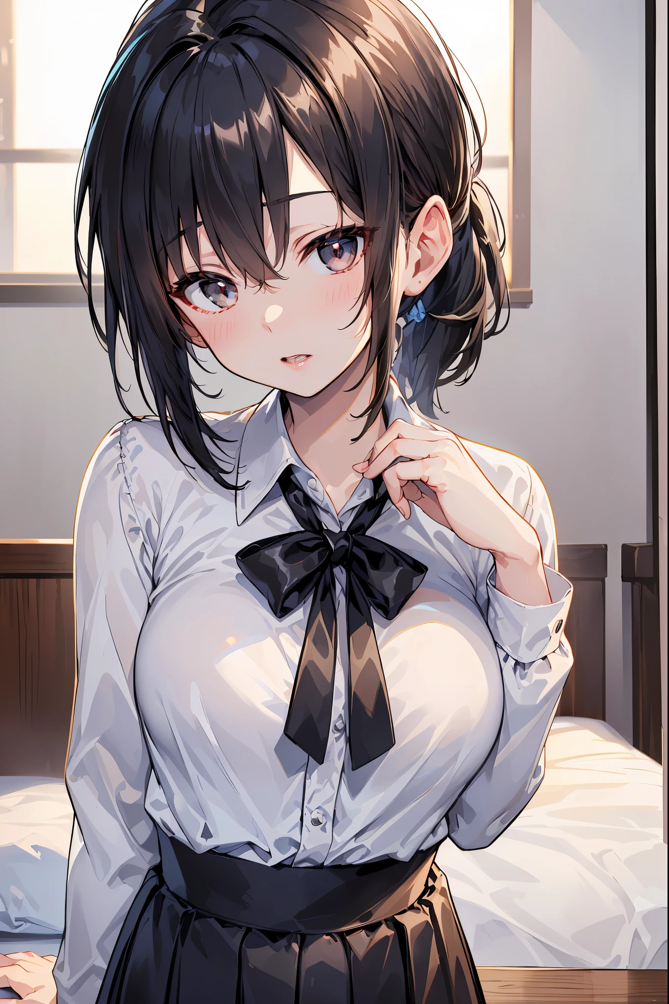 (1 girl:1.3, alone), (Audrey hepburn:1.3), (a very pretty japanese woman), (sexy girl), (business attire:1.3), (22 years old: 1.1), (from below:1.3), (low angle:1.3), (ground level shot:1.3), (girl on top:1.3), (手臂Put in背后,Put in:1.3), (Attractive random poses:1.3), (In the double bed room:1.3), (starring you:1.3), rest, (Bob ponytail:1.3), (Shiny fine black hair:1.2), Bangs, dark brown eyes, beautiful eyes, princess eyes, (big eyes:1.3), Bangs, hair between eyes, short hair:1.3, (thin and long:1.1), (small medium breasts:0.95), (thin waist: 1.15), (Detail of beautiful girl: 1.4), open lips, red lips, Full makeup, (shiny skin), ((perfect female body)), (Upper body pictures:1.3), perfect anatomy, Perfect proportion, (The most beautiful Korean actress face:1.3, Extremely cute and beautiful Japanese actress face:1.3), rest, (view viewer, Dressed schoolgirl, (Collared sailor shirt with rich details:1.3, long sleeves:1.3), (Black box skirt:1.3), Detailed clothes, rest, (Detailed elegant king room background:1.2), (dark background), (Soft studio lighting: 1.3), (Fake lights: 1.3), (backlight: 1.3), rest, (actual, lifelike: 1.37), (masterpiece, best quality: 1.2), (ultra high resolution: 1.2), (original photo: 1.2), (sharp focus: 1.3), (Face focus: 1.2), (Super detailed CG unified 8k wallpaper: 1.2), (beautiful skin: 1.2), (pale skin: 1.3), (Hyper sharp focus: 1.5), (Ultra sharp focus: 1.5), (beautiful pretty face: 1.3), (Super detailed background, Detail background: 1.3), Ultra actual Photo, super clear image, Ultra-detailed images,