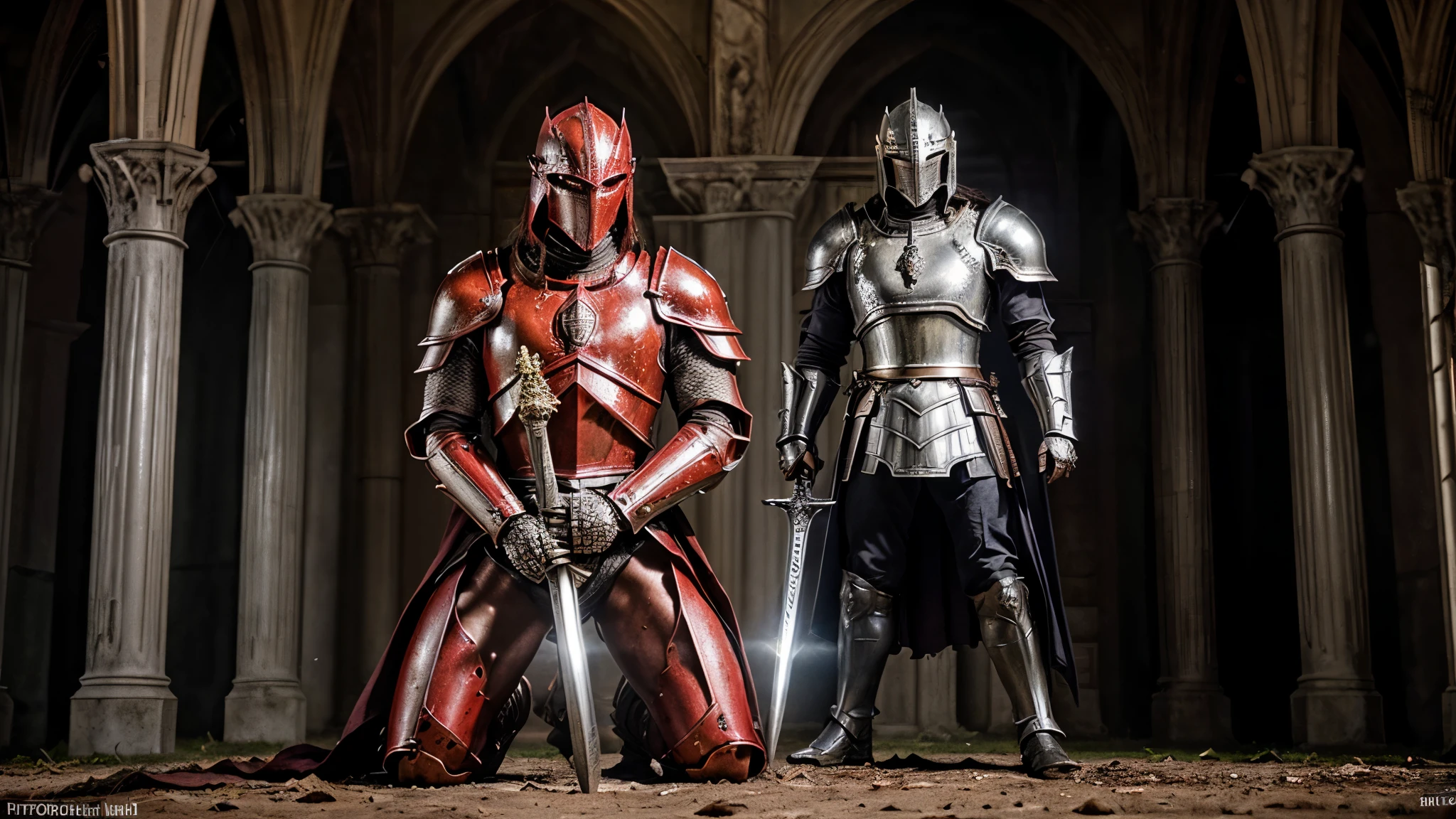 (Best quality,4K,8K,A high resolution,Masterpiece:1.2),Ultra-detailed,(Realistic,Photorealistic,photo-realistic:1.37),A sword-wielding silver armor warrior stood in the hall, Full body portrait of the mysterious knight, Wearing heavy armor，A sacred warrior wielding a legendary bright sword, Mythical warriors in full-body armor, A golden knight with divine armor, The eyes glow blood-red, Concept art for glorious figures, Crimson Armor Knight, Epic Paladin armor, Holy medieval knight, Kneel on one knee, Blades embedded in the earth, submission, ((at battle)), Full body shot.