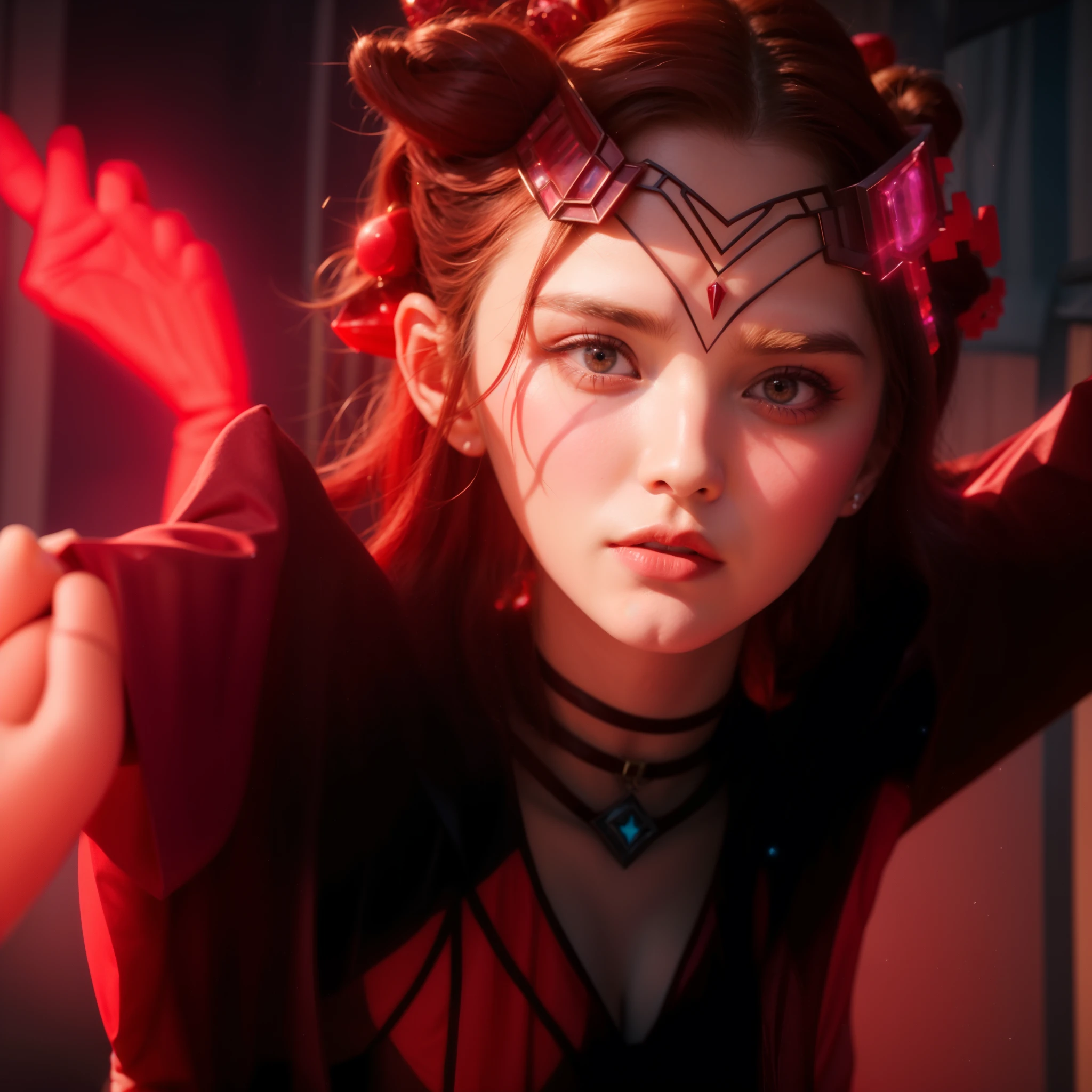 a close up of a person holding a light in their hand, wanda maximoff, scarlet witch, scarlet witch marvel, emma watson as the scarlet witch, the godess hera looking angry, red magic surrounds her, the goddess hera looking angry, elizabeth olsen as scarlet witch, still from loki ( 2 0 2 1 ), erin moriarty as scarlet witch, scarlet witch costume