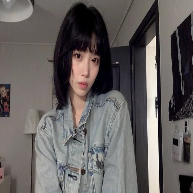 arafed woman in a denim jacket standing in a room, with short hair with bangs, she has black hair with bangs, with short hair, ulzzang, with bangs, with full bangs, janice sung, neat hair with bangs, jinyoung shin, lofi girl aesthetic, only a few bangs of hair, fluffy bangs, hair whitebangs hair