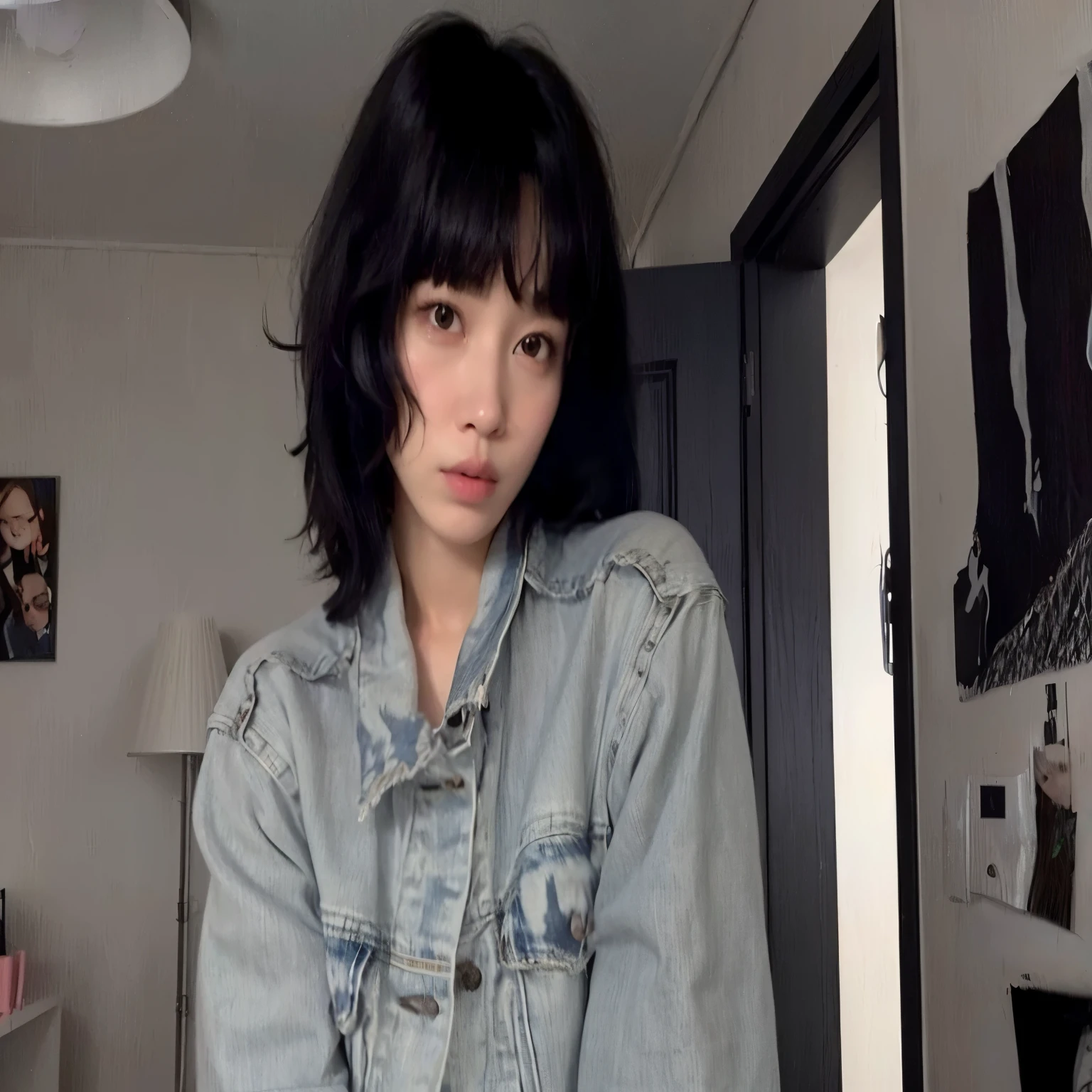 arafed woman in a denim jacket standing in a room, with short hair with bangs, she has black hair with bangs, with short hair, ulzzang, with bangs, with full bangs, janice sung, neat hair with bangs, jinyoung shin, lofi girl aesthetic, only a few bangs of hair, fluffy bangs, hair whitebangs hair