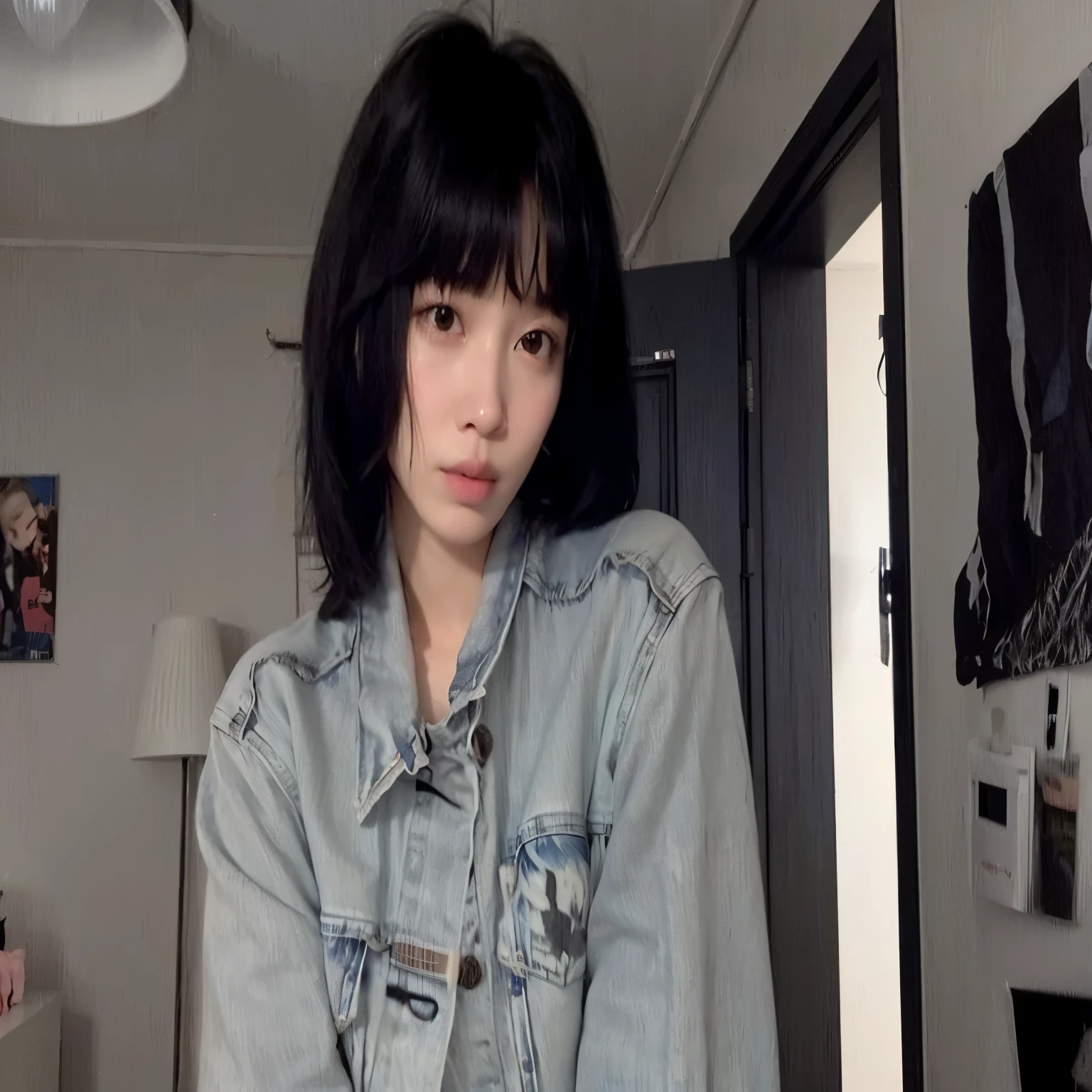 arafed woman in a denim jacket standing in a room, with short hair with bangs, she has black hair with bangs, with short hair, ulzzang, with bangs, with full bangs, janice sung, neat hair with bangs, jinyoung shin, lofi girl aesthetic, only a few bangs of hair, fluffy bangs, hair whitebangs hair
