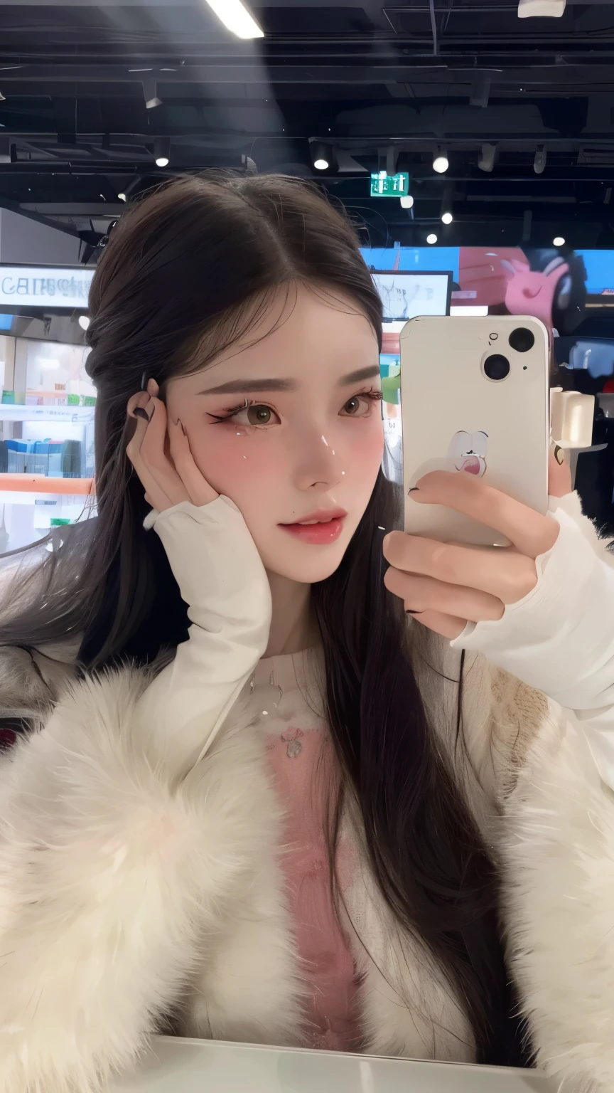 8K, Best Quality, Masterpiece, Ultra High Resolution, (Realism: 1.4), Original Photo, (True Skin Texture: 1.3), (Film Grain: 1.3), (Selfie Angle), 1 Girl, Beautiful Emerald Gemstone Eyes and Delicate Face Details, Pink Top, Masterpiece, Best Quality, Close-up, Upper Body, Looking at the Viewer