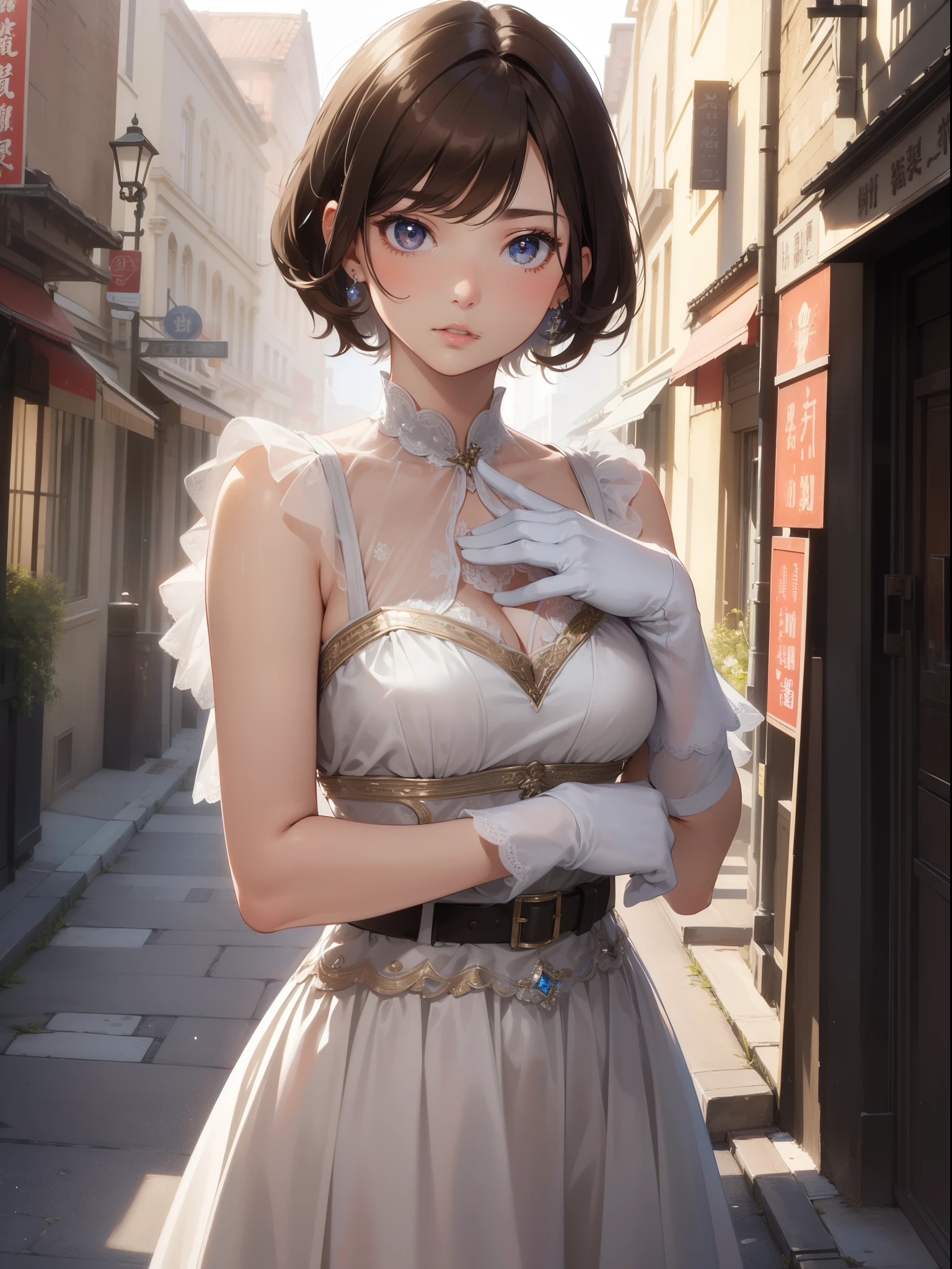 (masterpiece, best quality, ultra high resolution),1 girl,short hair, brown hair, Beautiful and detailed face, delicate eyes,White gloves, 40s的正式女西装, on a street,(40s)