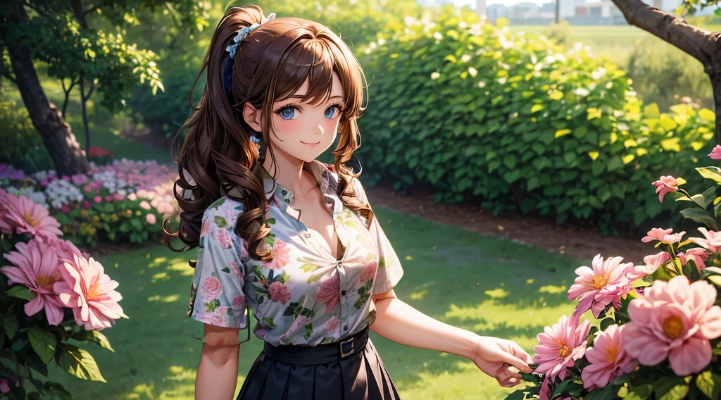 button down shirt, ((floral pattern shirt)), ((unbuttoned shirt)), ((short sleeved shirt))